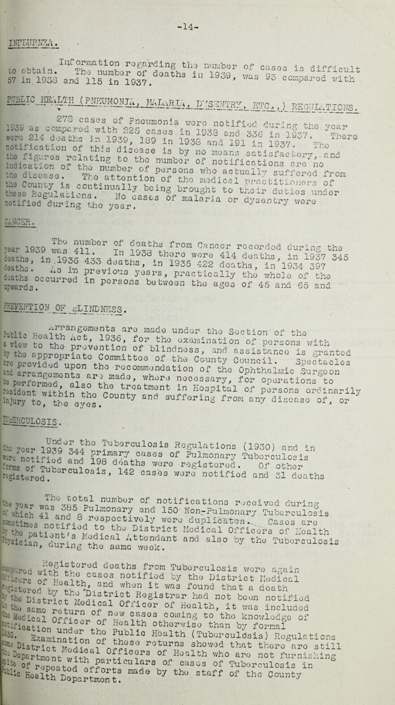 -14- INPLUDKZA. to obtain. 57 in 1P° IiTformati°n regarding the number of eases is difficult The number nf rm.nf^a . .. J ui.Lij.cu.ii; - j O with ^y-g*Pgk£agosoH^^ eto..) RB^.^Tn»Q_ 193S a8 cc^rerwltb^r^o^irma^^r^if^ 7°ar T “.«**“• «* W*. JW» M XfSl £ 3Ss“ Th» ” a ?“ =s.sa~“ 1?h'nL t number of persons who actually suffered from t* jit> u u o L'd 6 G • I i^Ti riffAyvr^nn 4-v<-, m - -■> .. - **■ ,otifladSduMng llo year! “ ml8Pia °r dy3snfci’y w0^ CANCER. lor yeaf 1939 vr.' 2f °°ath3 fr0m Cancor accorded during the deaths in JnJ9584 th?ro wore 414 deaths, in 1937 345 [death0 * n doaths> ln 1935 422 deaths, in 1934 397 floats’occur*?! ? vi0U3 yoars' Practically tho whole of the upwards? Persons between tho agos of 45 and 65 and PREVENTION _0F _uLINDNESS. Putn, FGa?bban^m°?Q?rar2 mad0 undor th0 Section'of the I a view tn aCt h??6, for thG examination of porson3 with by the ornro° Pr^veetion of blindness, and assistance is ^ranted 'ro proved dPuoon tSOB,mlttCe °P tlw Co™^ Council. Spectacles '-r= L° dd Up0n tho recommendation of the Ophthalmic Surcoon ?pS?SSSSBnS,SP?hB8?°' :b™ necessary, fS o^lK n? ls° the treatment in Hospital of persons ordinarilv ;njurrto:1tLlne^3°.COUnty °nd an-? dj^ao”*”^7 fltERCIILOSTS. thoYoar lQ?S0L$h0 ^borcalaei3 Regulations (1930) tsrc ° J cases of Pulmonary Tuberc ■ore nnM?r J i ^imary cases of Pulmonary j. tii igo and 198 deaths wore registered f°glstcrod)b3rCUlOSiS’ 142 °a3'03 -^ notlfih nd in Tuberculosis Of and other deaths 31 the year wa^l b°r °f notifications received during »hIoS S *?d 150 ^n.-Pulmonary Tuberculosis >«otim»s fw dnplicatofi... Cases are b tho patient^ v a? ^ District Hodical Officers of Health Rician dSinltl 1 Atton,dant and also by tho Tuberculosis AJ > uunng the same weok. cc; w-ori Ji?gif^orod doaths from Tuberculosis wore again leers of F-al?h°ann‘- nSWf,ioa by ths Hodical fctorodbv, f-?0 U wa3 found that a death the Wamct“wfld?Strlrt^*6istPar had not boon notifiod the same return ir1 Oflioor of Health, it was included *» Usdical Officer. £fDnW «®80s coining to tho knowledge of :3tifioatinn , Health otherwise than by formal ':;H Examination of ?h°liG K°alth (Tuberculbsis) Regulations ?* ^strict Modioal n^?S° rot^rTn3 showod that there are still -•3 Department with no +.• 1CGPS °* Health who are not furnishing ?*te of ropoatod ^?nr^1CUl?rS 0f ca30s of Tuberculosis in *Ell° Health Department? ® 7 thU staff 0f tho County