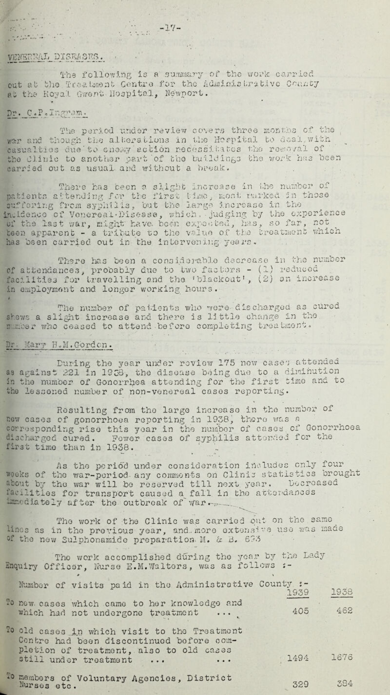 VENEREAL DISEASES. • The following is a summary of the work carried cat at bj'io Tceatment Centre for the Adminis trat.i.ve Gmmtj at the Royal Gwent Hospital, Newport. Dr. CjP?xneg’a period arid or review covers three months of the war casi and though the alterations in Hospital to deal with ties due to enemv action necessitates the removal of -, 4- o:! the Clinic to another ocu-u carried out as usual, and without a hopak the buildings the work has keen There has been a slight increase in the number of tlii 10, most marked in those in the pa tie n t s a l: t e n d i n g f or t i -e suffering from syphi1is. but the large increase in of the last war, might have, been expected^ teen apparent - a tribute to the value of the treatment which has been carried out in the intervening years. ••Idenoo of Venereal-Disease, which, judging by the experience ha a, so :ot There has been a cons adorable decrease in the number of attendances, probably due to tv/o factors - (1) reduced facilities for travelling and the 'blackout1, (2) an increase in employment and longer working hours. * The number of patients who were discharged as cured shews a slight increase and there is little change in the m.rioer who ceased to attend-before completing treatment. Do. Mary HM, Go rd cn . During the year under review 175 now cases attended ag against 221 in 1958, the disease being due to a diminution jn the number of Gonorrhea attending for the first time and to the lessoned number of non-venereal cases reporting. Resulting from the largo increase in the number of new cases of gonorrhoea reporting in 1938, there was a corresponding rise this year in the number of cases of Gonorrhoea, discharged cured. Fewer cases of syphilis attended for the first time than in 1938. As the period under consideration includes only four weeks of the war-period- any comments on Clinic statistics brought atout by the war will be reserved till next year. Decreased facilities for transport caused a fall in the atterdaneds immediately after the outbreak of war The work of the Clinic was carried out on the same^ -incs as in the previous year, and., more extensive use was made °f the new Sulphonamide preparation- M. 6c 8. 693 The work accomplished during tho year by the Lady inquiry Officer, Nurse E.M.Walters, was as follows i- Nuraber cf visits paid in tho Administrative County 1559 To now. cases which came to her knowledge and which had not undergone treatment • • • , 405 To old cases_in which visit to the Treatment Centre had been discontinued before com- pletion of treatment, al30 to old cases still under treatment ... ... ; 1-94 To members of Voluntary Agencies, District Nurses etc. 329 1958 462 1676 334