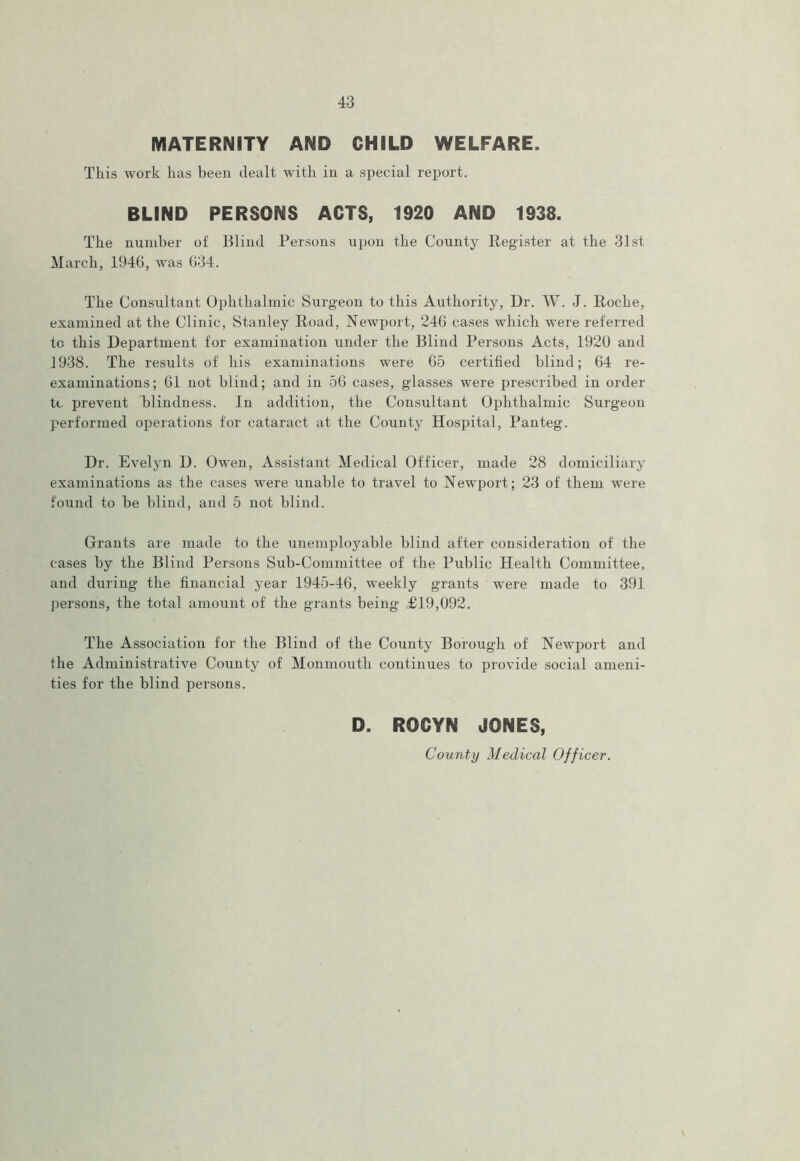 MATERNITY AND CHILD WELFARE. This work has been dealt with in a special report. BLIND PERSONS ACTS, 1920 AND 1938. The number of Blind Persons uijoii the County Register at the 31st March, 1946, was 634. The Consultant Ophthalmic Surgeon to this Authority, Dr. W. J. Roche, examined at the Clinic, Stanley Road, Newport, 246 cases which were referred to this Department for examination under the Blind Persons Acts, 1920 and 1938. The results of his examinations were 65 certified blind; 64 re- examinations; 61 not blind; and in 56 cases, glasses were prescribed in order tc prevent blindness. In addition, the Consultant Ophthalmic Surgeon performed operations for cataract at the County Hospital, Panteg. Dr. Evelyn D. Owen, Assistant Medical Officer, made 28 domiciliaiy examinations as the cases were unable to travel to Newport; 23 of them were found to be blind, and 5 not blind. Grants are made to the unemployable blind after consideration of the cases by the Blind Persons Sub-Committee of the Public Health Committee, and during the financial year 1945-46, weekly grants were made to 391 persons, the total amount of the grants being £19,092. The Association for the Blind of the County Borough of Newport and the Administrative County of Monmouth continues to provide social ameni- ties for the blind persons. D. ROCYN JONES, County Medical Officer.