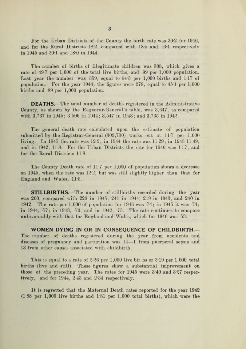 For the Urban Districts of the County the birth rate was 20 2 for 1946, and for the Rural Districts 182, compared with 18 5 and 16 4 respectively in 1945 and 201 and 18 0 in 1944. The number of births of illegitimate children was 308, which gives a rate of 49 7 per 1,000 of the total live births, and -99 per 1,000 population. Last year the number was 359, equal to 64 3 per 1,000 births and 1T7 of population. For the year 1944, the figures were 278, equal to 45T per 1,000 births and 89 per 1,000 population. DEATHS.—The total number of deaths registered in the Administrative County, as shown by the Registrar-General’s table, was 3,647, as compared with 3,737 in 1945; 3,506 in 1944; 3,547 in 1943; and 3,735 in 1942. The general death rate calculated upon the estimate of population submitted by the Registrar-General (309,790) works out at 11-7 per 1,000 living. In 1945 the rate was 12 2; in 1944 the rate was 11-29; in 1943 11 49, and in 1942, 11-8. For the Urban Districts the rate for 1946 was 11-7, and for the Rural Districts 118. The County Death rate of 11 7 per 1,000 of population shows a decrease on 1945, when the rate was 12 2, but was still slightly higher than that for England and Wales, 115. STILLBIRTHS.—The number of stillbirths recorded during the year was 200, compared with 229 in 1945, 241 in 1944, 219 in 1943, and 240 in 1942. The rate per 1,000 of population for 1946 was 74; in 1945 it was 74; in 1944, -77; in 1943, 70, and in 1942, 75. The rate continues to compare unfavourably with that for England and Wales, which for 1946 was 53. WOMEN DYING IN OR IN CONSEQUENCE OF CHILDBIRTH.— The number of deaths registered during the year from accidents and diseases of pregnancy and parturition was 14—1 from puerperal sepsis and 13 from other causes associated with childbirth. This is equal to a rate of 2 26 per 1,000 live bir hs or 2T9 per 1,000 total births (live and still). These figures show a substantial improvement on those of the preceding year. The rates for 1945 were 3 40 and 3 27 respec- tively, and for 1944, 2 43 and 2-34 respectively. It is regretted that the Maternal Death rates reported for the year 1942 (T88 per 1,000 live births and 1-81 per 1,000 total births), which were the