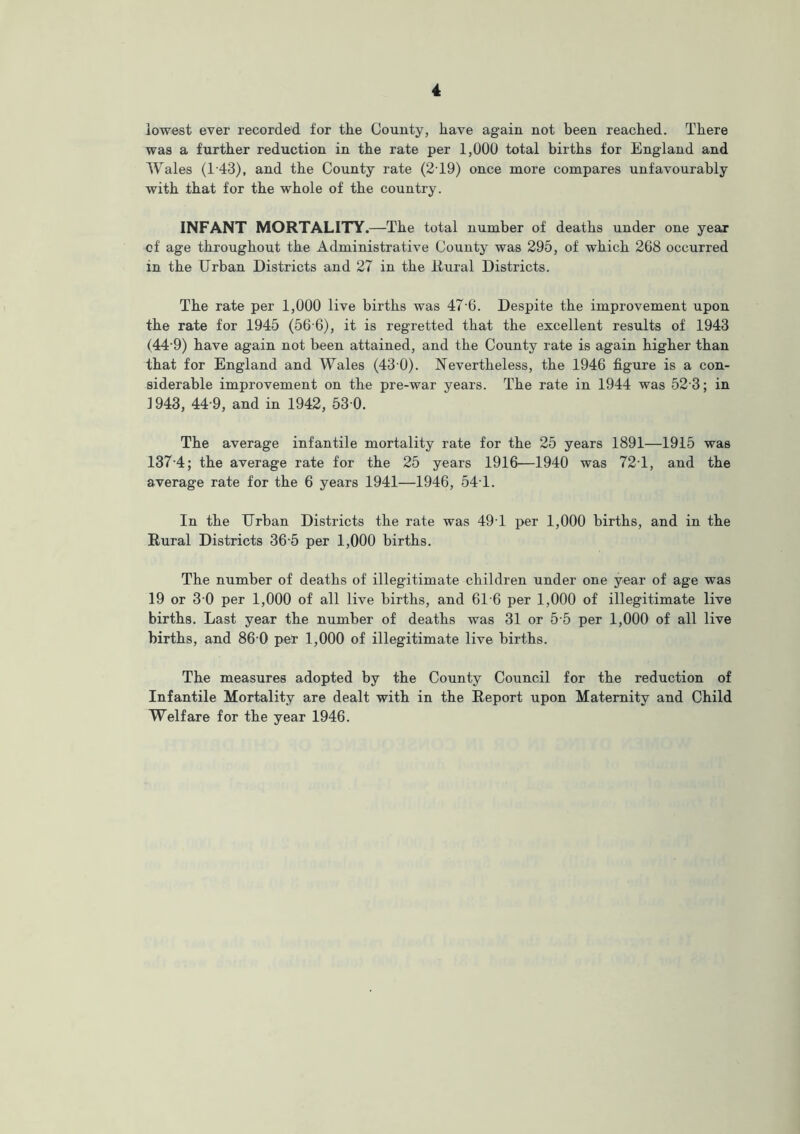 lowest ever recorded for the County, have again not been reached. There was a further reduction in the rate per 1,000 total births for England and Wales (T43), and the County rate (2T9) once more compares unfavourably with that for the whole of the country. INFANT MORTALITY.—The total number of deaths under one year of age throughout the Administrative County was 295, of which 268 occurred in the Urban Districts and 27 in the Rural Districts. The rate per 1,000 live births was 476. Despite the improvement upon the rate for 1945 (56 6), it is regretted that the excellent results of 1943 (44‘9) have again not been attained, and the County rate is again higher than that for England and Wales (43 0). Nevertheless, the 1946 figure is a con- siderable improvement on the pre-war years. The rate in 1944 was 52 3; in 1943, 44-9, and in 1942, 53 0. The average infantile mortality rate for the 25 years 1891—1915 was 137-4; the average rate for the 25 years 1916—1940 was 72T, and the average rate for the 6 years 1941—1946, 54T. In the Urban Districts the rate was 491 per 1,000 births, and in the Rural Districts 365 per 1,000 births. The number of deaths of illegitimate children under one year of age was 19 or 3-0 per 1,000 of all live births, and 616 per 1,000 of illegitimate live births. Last year the number of deaths was 31 or 5 5 per 1,000 of all live births, and 86 0 pet 1,000 of illegitimate live births. The measures adopted by the County Council for the reduction of Infantile Mortality are dealt with in the Report upon Maternity and Child Welfare for the year 1946.