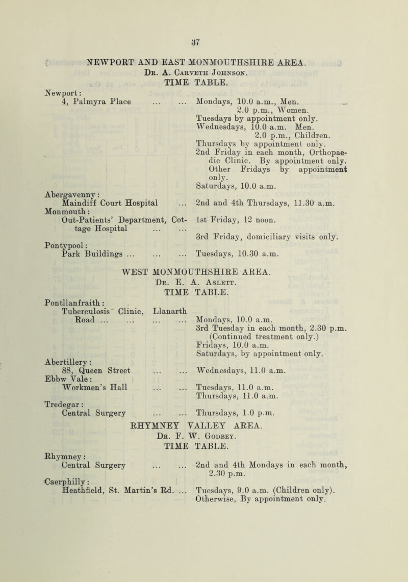 NEWPORT AND EAST MONMOUTHSHIRE AREA. Dr. A. Carveth Johnson. TIME TABLE. Newport: 4, Palmyra Place Abergavenny: Maindiff Court Hospital Monmouth: Out-Patients’ Department, Cot- tage Hospital Pontypool: Park Buildings ... Mondays, 10.0 a.m., Men. _ 2.0 p.m., Women. Tuesdays by appointment only. Wednesdays, 10.0 a.m. Men. 2.0 p.m., Children. Thursdays by appointment only. 2nd Friday in each month, Orthopae- dic Clinic. By appointment only. Other Fridays by appointment only. Saturdays, 10.0 a.m. 2nd and 4th Thursdays, 11.30 a.m. 1st Friday, 12 noon. 3rd Friday, domiciliary visits only. Tuesdays, 10.30 a.m. WEST MONMOUTHSHIRE AREA. Dr. E. A. Aslett. TIME TABLE. Pontllanfraith: Tuberculosis' Clinic, Llanarth Road ... Mondays, 10.0 a.m. 3rd Tuesday in each month, 2.30 p.m (Continued treatment only.) Fridays, 10.0 a.m. Saturdays, by appointment only. Abertillery: 88, Queen Street Wednesdays, 11.0 a.m. Ebbw Vale: Workmen’s Hall Tuesdays, 11.0 a.m. Thursdays, 11.0 a.m. Tredegar: Central Surgery Thursdays, 1.0 p.m. RHYMNEY VALLEY AREA. Dr. F. W. Godbey. TIME TABLE. Rhymney: Central Surgery ... ... 2nd and 4th Mondays in each month, 2.30 p.m. Caerphilly : Heathfield, St. Martin’s Rd. ... Tuesdays, 9.0 a.m. (Children only). Otherwise, By appointment only.