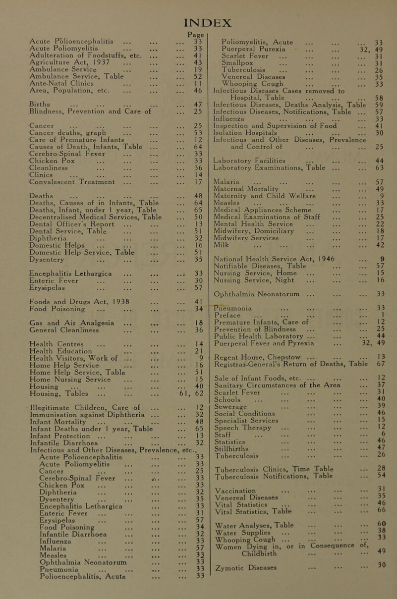 INDHX Acute Polioencephalitis Page .. 33 Acute Poliomyelitis .. 33 Adulteration of Foodstuffs, etc. .. 41 Agriculture Act, 1937 .. 43 Ambulance Service .. 19 Ambulance Service, Table .. 52 Ante-Natal Clinics .. 1 1 Area, Population, etc. .. 46 Births ,.. 47 Blindness, Prevention and Care of ... 25 Cancer ,.. 25 Cancer deaths, graph .. 53 Care of Premature Infants ... 12 Causes of Death, Infants, Table ... 64 Cerebro-Spinal Fever ... 33 Chicken Pox ... 33 Cleanliness ... 36 Clinics ... 14 Convalescent Treatment ... 17 Deaths ... 48 Deaths, Causes of in Infants, Table ... 64 Deaths, Infant, under 1 year. Table Decentralised Medical Services, Table ... 65 ... 50 Dental Officer’s Report ... 13 Dental Service, Table ... 51 Diphtheria ... 32 Domestic Helps ... 16 Domestic Help Service, Table ... 51 Dysentery ... 35 Encephalitis Lethargica ... 33 Enteric Fever ... 30 Erysipelas ... 57 Foods and Drugs Act, 1938 ... 41 Food Poisoning ... 34 Gas and Air Analgesia ... ... ... 18 General Cleanliness ... 36 Health Centres ... 14 Health Education ... 21 Health Visitors, Work of ... 9 Home Help Service ... 16 Home Help Service, Table ... 51 Home Nursing Service ... 15 Housing ... 40 Housing, Tables 61, 62 Illegitimate Children, Care of ... 12 Immunisation against Diphtheria ... ... 32 Infant Mortality ... 48 Infant Deaths under 1 year. Table ... 65 Infant Protection ... ... 13 Infantile Diarrhoea ... 32 Infectious and Other Diseases, Prevalence , etc.. Acute Polioencephalitis ... 33 Acute Poliomyelitis ... 33 Cancer ... 25 Cerebro-Spinal Fever ... v.. ... 33 Chicken Pox ... 33 Diphtheria ... 32 Dysentery ... 35 Encephalitis Lethargica ... 33 Enteric Fever ... 31 Erysipelas ... 57 Food Poisoning ... 34 Infantile Diarrhoea ... 32 Influenza ... 33 Malaria ... ... ... ... 57 Measles ... 3i Ophthalmia Neonatorum ... 33 Pneumonia ... 33 Polioencephalitis, Acute ... 33 Poliomyelitis, Acute 33 Puerperal Purexia '32. 49 Scarlet Fever 31 Smallpox 31 Tuberculosis 26 Venereal Diseases 35 Whooping Cough • • • 33 Infectious Diseases Cases removed to Hospital, Table 58 Infectious Diseases, Deaths Analysis, Table 59 Infectious Diseases, Notifications, Table ... 57 Influenza • * • 33 Inspection and Supervision of Food ... 41 Isolation Hospitals ... 30 Infectious and Other Diseases, Prevalence and Control of 25 Laboratory Facilities ... ... 44 Laboratory Examinations, Table ... ... 63 Malaria 57 Maternal Mortality 49 Maternity and Child Welfare ... 9 Measles ... 33 Medical Appliances Scheme ... 17 Medical Examinations of Staff ... 25 Mental Health Service ... 22 Midwifery, Domiciliary ... 18 Midwifery Services ... 17 Milk ... 42 National Health Service Act, 1946 9 Notifiable Diseases, Table ... 57 Nursing Service, Home 15 Nursing Service, Night ... 16 Ophthalmia Neonatorum ... 33 Pneumonia 33 Preface ... 1 Premature Infants, Care of . . . 12 Prevention of Blindness . . . 25 Public Health Laboratory ... • . . 44 Puerperal Fever and Pyrexia 32, 49 Regent House, Chepstow ... Registrar-General’s Return of Deaths, Ta 13 ble 67 Sale of Infant Foods, etc. ... 12 Sanitary Circumstances of the Area • • • 37 Scarlet Fever • . . 31 Schools . . . 40 Sewerage . . . 39 Social Conditions . . • 46 Specialist Services ... 15 Speech Therapy . . . 12 Staff . . . 6 Statistics . . . 46 Stillbirths ... 47 Tuberculosis ... 26 Tuberculosis Clinics, Time Table ... 28 Tuberculosis Notifications, Table ... 54 Vaccination • . . 31 Venereal Diseases ... ••• ... 35 Vital Statistics ... 46 Vital Statistics, Table ... 66 Water Analyses, Table . . . 60 Water Supplies ... 38 Whooping Cough ... of, 33 Women Dying in, or in Consequence Childbirth 49 Zymotic Diseases ... 30