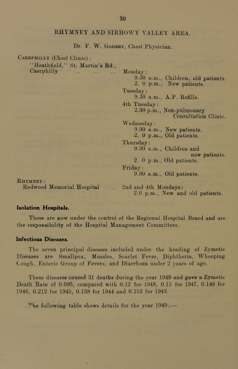 RHYMNEY AND SIRHOWY VALLEY AREA. Dr. F. W. (jrODBEY, Chest Physician. CalBiiphilly (Chief Clinic) : “Heathfield,” St. Martin’s Rd., Caerphilly Rhymney : Redwood Memorial Hospital Monday: 9.30 a.m., Children, old patients. 2. 0 p.m., New patients. Tuesday: 9.30 a.m., A.P. Refills. 4th Tuesday: 2.30 p.m., Non-pulmonary Consultation Clinic. Wednesday: 9.30 a.m.. New patients. 2. 0 p.m.. Old patients. Thursday: 9.30 a.m.. Children and new patients. 2. 0 p.m.. Old patients. Friday: 9.30 a.m.. Old patients. 2nd and 4th Mondays: 2.0 p.m., New and old patients. Isolation Hospitals. These are now under the control of the Regional Hospital Board and are the responsibility of the Hospital Management Committees. Infectious Diseases. The seven principal diseases included under the heading of Zymotic Diseases are Smallpox, Measles, Scarlet Fever, Diphtheria, Whooping Cough, Enteric Group of Fevers, and Diarrhoea under 2 years of age. These diseases caused 31 deaths during the year 1949 and gave a Zymotic Death Rate of 0.095, compared with 0.12 for 1948, 0.15 for 1947, 0.148 for 1946, 0.212 for 1945, 0.138 for 1944 and 0.153 for 1943. The following table shows details for the year 1949: —