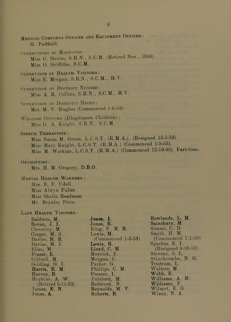 Medical Comforts Officer and Equipment Officer: G. Padfield. Supervisors of Midwives : Miss C. Davies, S.R.N., S.C.M. (Retired Nov., 1953). Miss 0. Griffiths, S.C.M. Supervisor of Health \isitors: Miss E. Morgan, S.R.N., S.C.M., H.Y. Supervisor of District Nurses: Miss A. R. Collins, S.R.N., S.C.M., H.V. Supervisor of Domestic Helps : Mrs. M. Y. Hughes (Commenced 1-6-53). Welfare Officer (Illegitimate Children): Miss G. A. Knight, S.R.N., S.C.M. Speech Therapists : Miss Susan M. Green, L.C.S.T. (R.M.A.). (Resigned 12-5-53). Miss Mary Knight, L.C.S.T. (R.M.A.) (Commenced 1-9-53). Miss M. Watkins, L.C.S.T. (R.M.A.) (Commenced 12-10-53). Part-time. Ortiioptist : Mrs. H. M. Gregory, D.B.O. Mental Health Workers : Mrs. E. F. Udell. M iss Alwyn Fuller. M iss Sheila Readman. Mr. Brynley Price. Lady Health Visitors : Baldwin, M. Bevan, J. I. Cleverley, M. Cooper, M. S. Davies, M. R. Davies, M. J. Elias, M. Fraser, E. Gilford, M. Golding, G. I. Harris, E. M. Harvey, B. Hopkins, A. W. (Retired 5-11-53). James, E. N. Jones, A. Jones, I. Jones, B. King, P. M. R. Lewis, M. (Commenced 1-2-53) Lewis, R. Lloyd, C. M. Meyrick, J. Morgan, C. Parker, G. Phillips, C. M. Prosser, I. Pulsford, M. Redwood, N. Reynolds, M. V. Roberts, E. Rowlands, L. M. Sainsbury, M. Simms, C. D Smith, IT. M. (Commenced 7-1-53) Sparkes, E. I. (Resigned 8-10-53) Stevens, S. L. Stinchcombe, N. G. Tristram, L. Walters, M. Webb, E. Williams, A. M. Williams, F. Wilmot, E. G. Wixey, N. A.