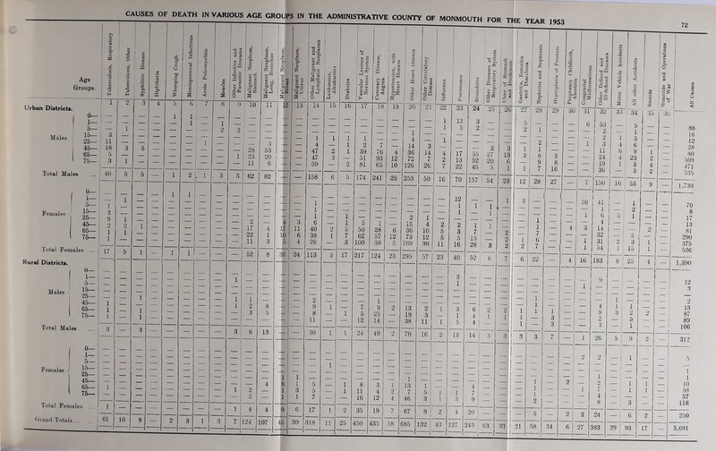 Age Groups. Urban Districts. Males CAUSES OF DEATH IN VARIOUS AGE GROUPS IN THE ADMINISTRATIVE COUNTY OF MONMOUTH FOR Total Males Females 0— 1— — 5— 15— 3 25— 11 45— 18 65— 5 75- 3 40 — 1 — 1 — 5 — i— — 1 — 1 Total Females Rural Districts. / 1 1 C Males If 41 61 71 Total Males C 1 c Females 1 \' 3 62 3 — 3 — — _ — 1 — 3 Total Females ... 1 61 10 9 — - 52 9 1 10 11 124 82 13 36 13 gs S s o 3 14 15 16 — 158 24 113 30 17 1 17 18 19 20 — 2 3 17 217 124 23 24 49 35 67 21 22 23 5 174 241 26 253 50 70 16 107 45 30 318 11 25 450 1 — _ 55 52 20 45 5 16 70 157 i 54 23 — 1 I 1 — — 295 57 23 58 685 132 43 4E YEAR 1953 Gastritis, Enteritis and Diarrhoea i Nephritis and Nephrosis Hyperplasia of Prostate Pregnancy Childbirth, Abortion Congenital Malformations Other Defined and Ill-defined Diseases Motor Vehicle Accidents 27 28 29 30 31 32 1 33 5 — 6 53 2 1 — 1; — 2 2 1 — 2 — a— 1 3 4 i 1 — I V — 1 11 6 3 8 3 1 — — 1 24 4 — 9 8 — — 1 19 1 1 7 16 — i —• | 36 12 28 27 — 7 150 16 3 — — — 10 41 1 — — — 1 6 5 — 1 — — — 4 — — 1 — 4 3 14 — 7 — — — 32 1 6 — 1 31 2 2 7 -j — 1 54 1 6 22 — 4 16 183 8 — — 1 9 — — : — — 1 — — 1 — 1 ' — 4 1 i 1 1 — 8 3 i • 3 — 2 i — 3 — — 3 — 3 3 7 H 1 26 5 2 2 i — 1 — 2 — 2 | — 1 — | — i 7 — — 1 — 1 — — 4 — 2 - 1 — — 8 — 5 — 2 3 24 — 21 58 34 1- 6 27 a 83 29 1 72 36 9 — 1,739 1,390 312 250 3,691 (irand Totals ...