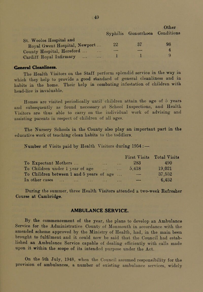 Other Syphilis Gonorrhoea Conditions St. Woolos Hospital and Royal Gwent Hospital, Newport... 22 37 98 County Hospital, Hereford ... ... 4 ‘Cardiff Royal Infirmary 1 1 9 General Cleanliness. The Health Visitors on the Staff perform splendid service in the way in which they help to provide a good standard of general cleanliness and in habits in the home. Their help in combating infestation of children with head-lice is invaluable. Homes are visited periodically until children attain the age of 5 years and subsequently as found necessary at School Inspections, and Health Visitors are thus able to carry on the individual work of advising and assisting parents in respect of children of all ages. The Nursery Schools in the County also play an important part in the educative work of teaching clean habits to the toddlers. Number of Visits paid by Health Visitors during 1954: — First Visits Total Visits To Expectant Mothers ... ... ... ... 283 490 To Children under 1 }ear of age ... ... 5,418 19,021 To Children between 1 and 5 years of age ... — 37,552 In other cases ... ... ... ... ... — 6,452 During the summer, three Health Visitors attended a twro-week Refresher Course at Cambridge. AMBULANCE SERVICE. By the commencement of the year, the plans to develop an Ambulance Service for the Administrative County of Monmouth in accordance with the amended scheme approved by the Ministry of Health, had, in the main been brought to fulfilment and it could now be said that the Council had estab- lished an Ambulance Service capable of dealing efficiently with calls made upon it within the scope of its intended purpose under the Act. On the 5th July, 1948, when the Council assumed responsibility for the provision of ambulances, a number of existing ambulance services, widely