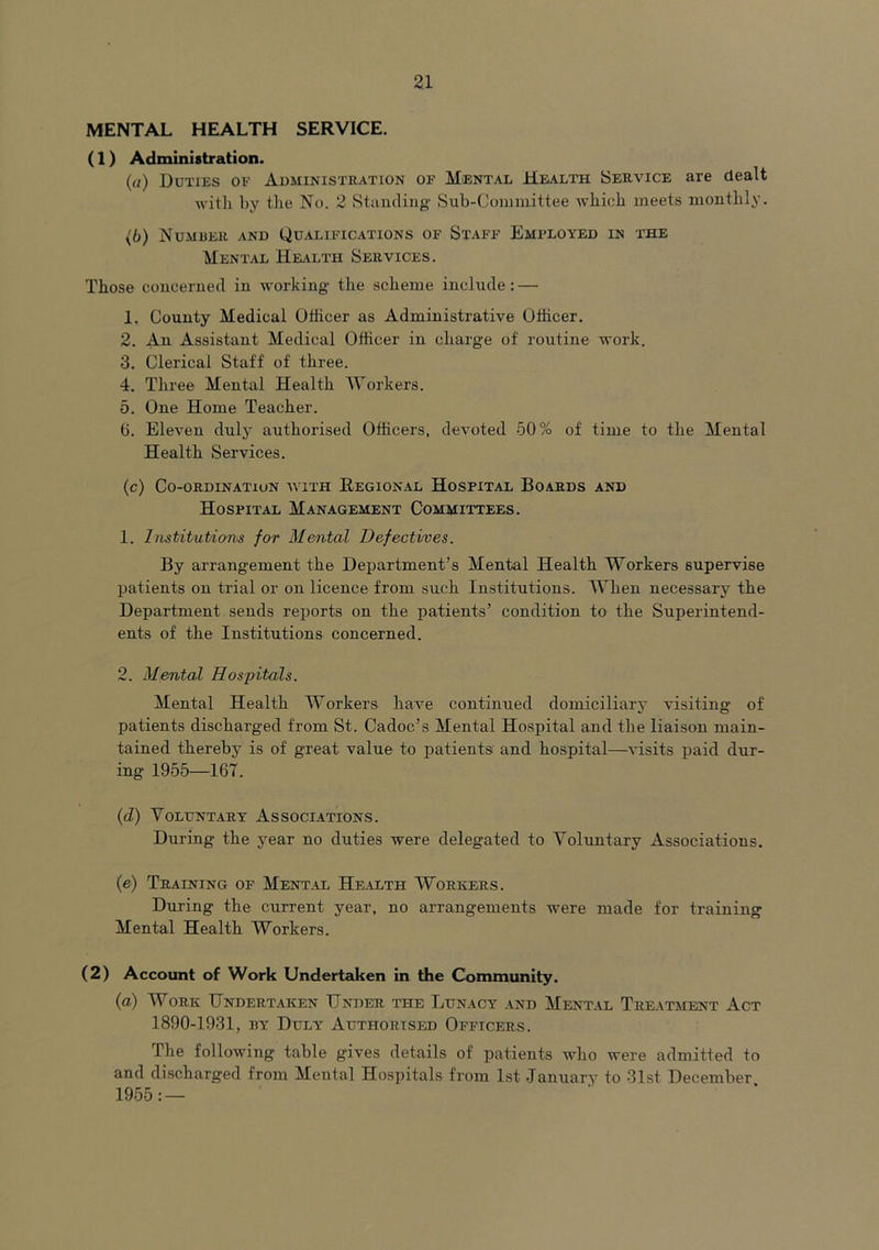 MENTAL HEALTH SERVICE. (1) Administration. («) Duties of Administration of Mental Health Service are dealt with, by the No. 2 Standing' Sub-Committee which meets monthly. (b) Number and Qualifications of Staff Emfloyed in the Mental Health Services. Those concerned in working the scheme include: — 1. County Medical Officer as Administrative Officer. 2. An Assistant Medical Officer in charge of routine work. 3. Clerical Staff of three. 4. Three Mental Health Workers. 5. One Home Teacher. 6. Eleven duly authorised Officers, devoted 50% of time to the Mental Health Services. (c) Co-ORDINATION WITH REGIONAL HOSPITAL BOARDS AND Hospital Management Committees. 1. Institutions for Mental Defectives. By arrangement the Department’s Mental Health Workers supervise patients on trial or on licence from such Institutions. When necessary the Department sends reports on the patients’ condition to the Superintend- ents of the Institutions concerned. 2. Mental Hospitals. Mental Health Workers have continued domiciliary visiting of patients discharged from St. Cadoc’s Mental Hospital and the liaison main- tained thereby is of great value to patients and hospital—-visits paid dur- ing 1955—167. (d) Voluntary Associations. During the year no duties were delegated to Voluntary Associations. (e) Training of Mental Health Workers. During the current year, no arrangements were made for training Mental Health Workers. (2) Account of Work Undertaken in the Community. (a) Work Undertaken Under the Lunacy and Mental Treatment Act 1890-1931, by Duly Authorised Officers. The following table gives details of patients who were admitted to and discharged from Mental Hospitals from 1st January to 31st December 1955: —