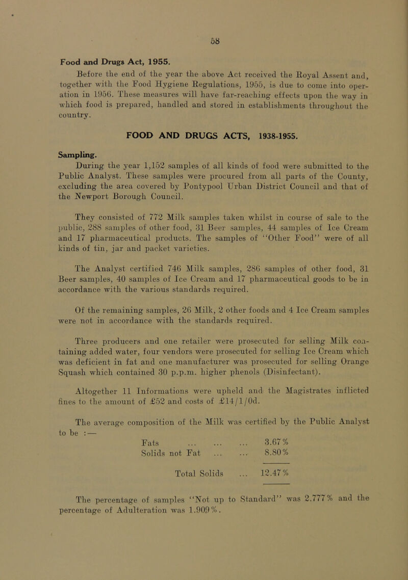 Food and Drugs Act, 1955. Before the eml of the year the above Act received the Itoyal Assent and, together with the Food Hygiene Regulations, 1955, is due to come into oper- ation in 1956. These measures will have far-reaching effects upon the way in which food is prepared, handled and stored in establishments throughout the country. FOOD AND DRUGS ACTS, 1938-1955. Sampling. During the year 1,152 samples of all kinds of food were submitted to the Public Analyst. These samples were procured from all parts of the County, excluding the area covered by Pontypool Urban District Council and that of the Newport Borough Council. They consisted of 772 Milk samples taken whilst in course of sale to the public, 288 samples of other food, 31 Beer samples, 44 samples of Ice Cream and 17 pharmaceutical products. The samples of “Other Food” were of all kinds of tin, jar and packet varieties. The Analyst certified 746 Milk samples, 286 samples of other food, 31 Beer samples, 40 samples of Ice Cream and 17 pharmaceutical goods to be in accordance with the various standards required. Of the remaining samples, 26 Milk, 2 other foods and 4 Ice Cream samples were not in accordance with the standards required. Three producers and one retailer were prosecuted for selling Milk con- taining added water, four vendors were prosecuted for selling Ice Cream which was deficient in fat and one manufacturer was prosecuted for selling Orange Squash which contained 30 p.p.m. higher phenols (Disinfectant). Altogether 11 Informations were upheld and the Magistrates inflicted fines to the amount of £52 and costs of' £14/1/0d. The average composition of the Milk was certified by the Public Analyst to be : — Fats ... ... ... 3.67% Solids not Fat 8.80% Total Solids ... 12.47% The percentage of samples “Not up to Standard” was 2.777?o and the percentage of Adulteration was 1.909%.