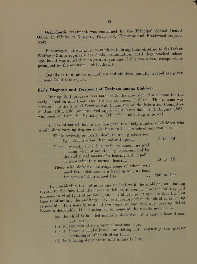 1 12 Orthodontic treatment was continued by the Principal School Dental Officer in Clinics at Newport, Pontypool, Chepstow and Blackwood respech ively. Encouragement was given to mothers to bring their children to the Infan* Welfare Clinics regularly for dental examination, until they reached school age, but it was noted that no great advantage of this was taken, except where prompted by the occurrence of toothache. Details as to numbers of mothers and children dentally treated are giver on page 74 of this report. Early Diagnosis and Treatment of Deafness among Children. During 1957 progress was made with the provision of a scheme for the early detection and treatment of deafness among children. This scheme was presented to the Special Services Sub-Committee of the Education Committee on June 13th, 1957 ,and received approval. A letter dated 16th August, 1957, was received from the Ministry of Education indicating approval. It was estimated that in any one year, the likely number of children who would show varying degrees of deafness in the pre-school age would be: — Those severely or totally deaf, requiring education by methods other than natural speech Those severely deaf but with sufficient natuial hearing when stimulated by exercises, and by the additional means of a hearing* aid, capable of approximately normal hearing Those with defective hearing, some of whom will need the assistance of a hearing aid, at least for some of their school life 5 to 10 20 to 25 250 to 400 In considering the optimum age to deal with the problem, and having regard to the fact that the nerve which hears sound, however faintly, wil increase in vitality if stimulated, and not otherwise, it appears that the best time to stimulate the auditory nerve is therefore when the child is as young as possible. It is usually at about two years of age that any hearing e ec becomes detectable. If not attended to, some of the results may m: (a! the child is labelled mentally defective—if it cannot hear it can- not learn. (b) it lags behind its proper educational age. (c.) it becomes maladjusted or delinquent, resenting the greater advantages other children have. (d) its hearing deteriorates and is finally lost.