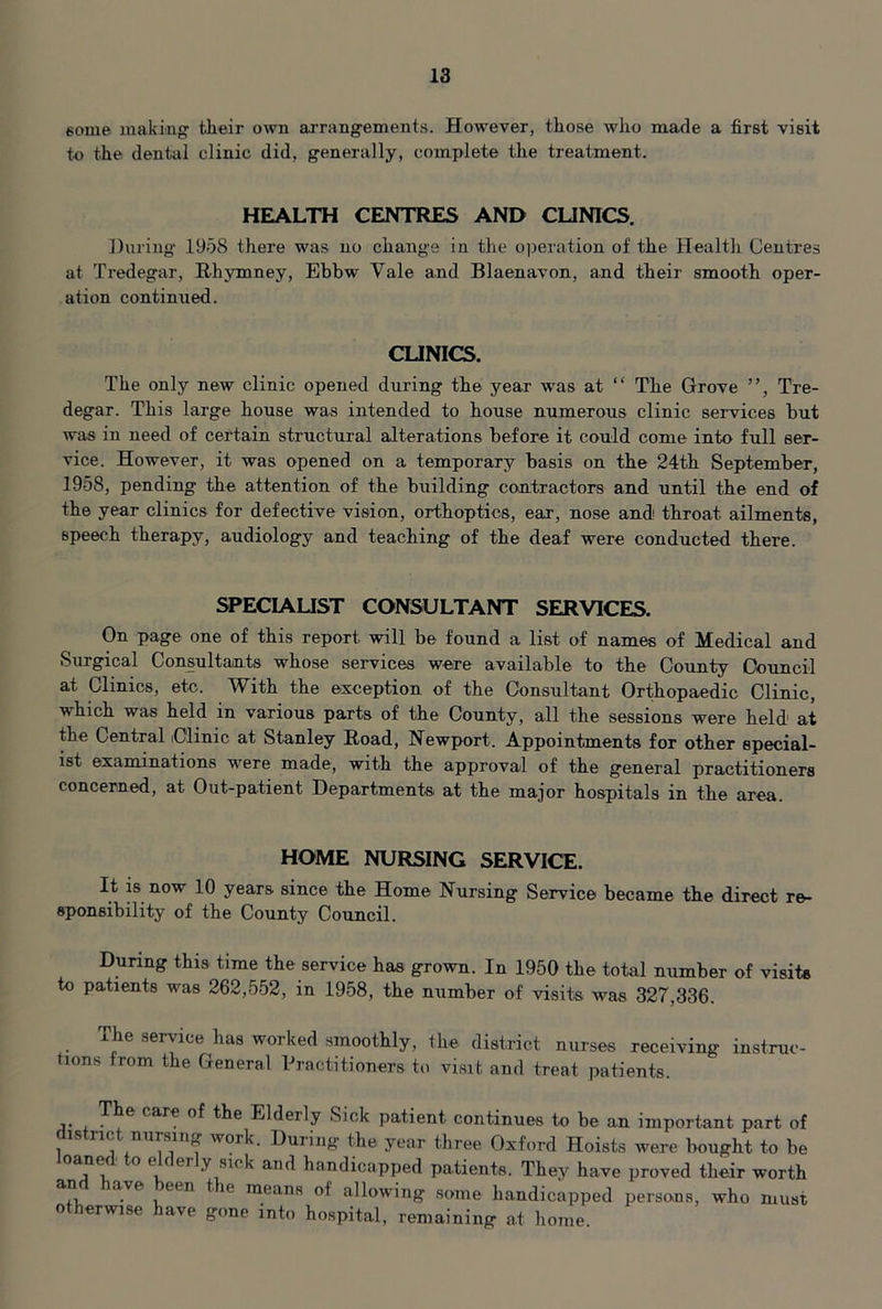 some making their own arrangements. However, those who made a first visit to the dental clinic did, generally, complete the treatment. HEALTH CENTRES AND CUNICS. During 1958 there was no change in the operation of the Health Centres at Tredegar, Rhymney, Ebbw Vale and Blaenavon, and their smooth oper- ation continued. CUNICS. The only new clinic opened during the year was at “ The Grove ”, Tre- degar. This large house was intended to house numerous clinic services but was in need of certain structural alterations before it could come into full ser- vice. However, it was opened on a temporary basis on the 24th September, 1958, pending the attention of the building contractors and until the end of the year clinics for defective vision, orthoptics, ear, nose and throat ailments, speech therapy, audiology and teaching of the deaf were conducted there. SPECIAUST CONSULTANT SERVICES. On page one of this report will be found a list of names of Medical and Surgical Consultants whose services were available to the County Council at Clinics, etc. With the exception of the Consultant Orthopaedic Clinic, which was held in various parts of the County, all the sessions were held at the Central iClinic at Stanley Road, Newport. Appointments for other special- ist examinations were made, with the approval of the general practitioners concerned, at Out-patient Departments at the major hospitals in the area. HOME NURSING SERVICE. It is now 10 years since the Home Nursing Service became the direct re- sponsibility of the County Council. During this time the service has grown. In 1950 the total number of visits to patients was 262,552, in 1958, the number of visits was 327,336. The service has worked smoothly, the district nurses receiving instruc- tions from the General Practitioners to visit and treat patients. care of the Elderly Sick patient continues to be an important part of district nursing work. During the year three Oxford Hoists were bought to be oan^ o e f er y sick and handicapped patients. They have proved their worth an ave tie means of allowing some handicapped persons, who must otherwise have gone into hospital, remaining at home.