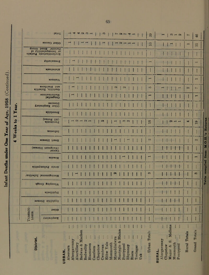 4 Weeks to 1 Year. 65 1 1 ^ 1 1 JO £')!i;q«!)vdaiooni jo <q|jn')«niej^ 1 1 1 M 1 1 M 1 1 1 1 1 1 1 1 MM! 1 - aouaio^A 1 1  I M 1 1 1 1 1 M ! 1 M 1 11 11 1 1 ^ 1 «aoqjJBt(j pns ^snij^svo l'illlllMnnilII ■MM (N faon9auo;i9)<( tv^iaoSnoD 8959891(1 XjO)«j{de9^ aioqiO M 1 1 M 1 1 I 1 1 M M 1 1 1 1 11 11 1 1 tt •niqonoJH 1 1 1 M 1 1 1 1 1 II 1 1 1 1 11 1 11 11 1 1 1 (srajoj nv) sjuoranauj Ift I 1 ea r-i ,-1 Bznangni 11II111 1 1 1 1 1 1 1 1 1 1 1 1 Mill 1 1 .Donoajni iaaa0308n!aejf 1 1 11 1 1 1 1 1 1 1 1 1 1 1 1 00 11 11 1 1 CO qBnoa lQ|dooqAV 1 1 1 1 1 1 1 1 1 1 1 1 1 1 1 1 1 1 I 1 11 11 1 1 1 ■IJaqiqdiQ 1 1 1 1 1 M 1 1 1 1 1 1 1 1 1 1 1 1 11 11 1 1 1 aaaaaia oiunU'J'tS 1 1 1 1 1 1 1 1 1 1 1 1 1 1 1 1 1 1 1 11 11 1 1 1 Tubercu- losis. jaqio 1 1 1 1 1 1 1 1 1 1 1 1 1 1 1 1 1 1 1 11 11 1 1 1 XjojsJidaaR 1 1 1 1 1 1 1 1 1 1 1 M 1 1 1 1 1 1 1 1 1 1 1 1 1 1 Olstrlot. j URBAN. Abercarn Abergavenny Abertillery Bedwas & Machen ... Bedwellty Blaenavon Caerleon Chepstow Cwmbran Ebbw Vale Monmonth Mynyddislwyn Nantyglo & Blaina ... Pontypool Rhymney Risca Tredegar Usk Urban Totals ... RURAL. Abergavenny Chepstow Mazor & 8. Mellons Monmonth ... Pontypool Rural Totals ... Grand Totals ...