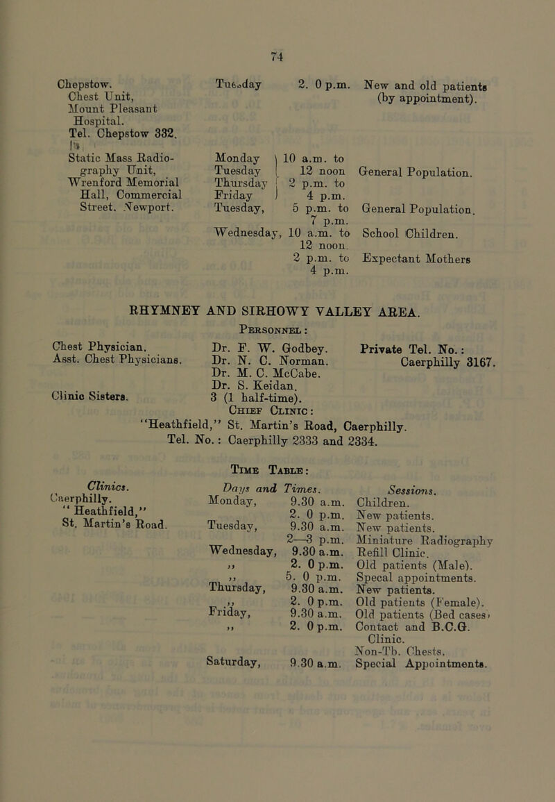 Chepstow. Chest Unit, Mount Pleasant Hospital. Tel. Chepstow 332. l'»i . Static Mass Radio- graphy Unit, Wrenford Memorial Hall, Commercial Street. .Newport. Tuesday 2. 0 p.m. Monday \ 10 a.m. to Tuesday [ 12 noon Thursdaj' J 2 p.m. to Friday ) 4 p.m. Tuesday, 5 p.m. to 7 p.m. Wednesday, 10 a.m. to 12 noon. 2 p.m. to 4 p.m. New and old patients (by appointment). General Population. General Population. School Children. Expectant Mothers RHYMNEY AND SIRHOWY VALLEY AREA. Personnel: Chest Physician. Dr. F. W. Godbey. Private Tel. No.: Asst. Chest Physicians. Dr. N. C. Norman. Caerphilly 3167. Dr. M. C. McCabe. Dr. S. Keidan. Clinic Sisters. 3 (1 half-time). Chief Clinic: “Heathfield,” St. Martin’s Road, Caerphilly. Tel. No.: Caerphilly 2333 and 2334. Clinics. Caerphilly. “ Heathfield,” St. Martin’s Road. Time Table : Days and Times. Monday, 9.30 a.m. 2. 0 p.m. Tuesday, 9.30 a.m. 2—3 p.m. Wednesday, 9.30 a.m. 2. 0 p.m. )} 5. 0 p.m. Thursday, 9.30 a.m. 2. 0 p.m. Friday, 9.30 a.m. ft 2. 0 p.m. Saturday, 9.30 a.m. Sessions. Children. New patients. New patients. Miniature Radiography Refill Clinic. Old patients (Male). Specal appointments. New patients. Old patients (Female). Old patients (Bed cases i Contact and B.C.G. Clinic. Non-Tb. Chests. Special Appointments.