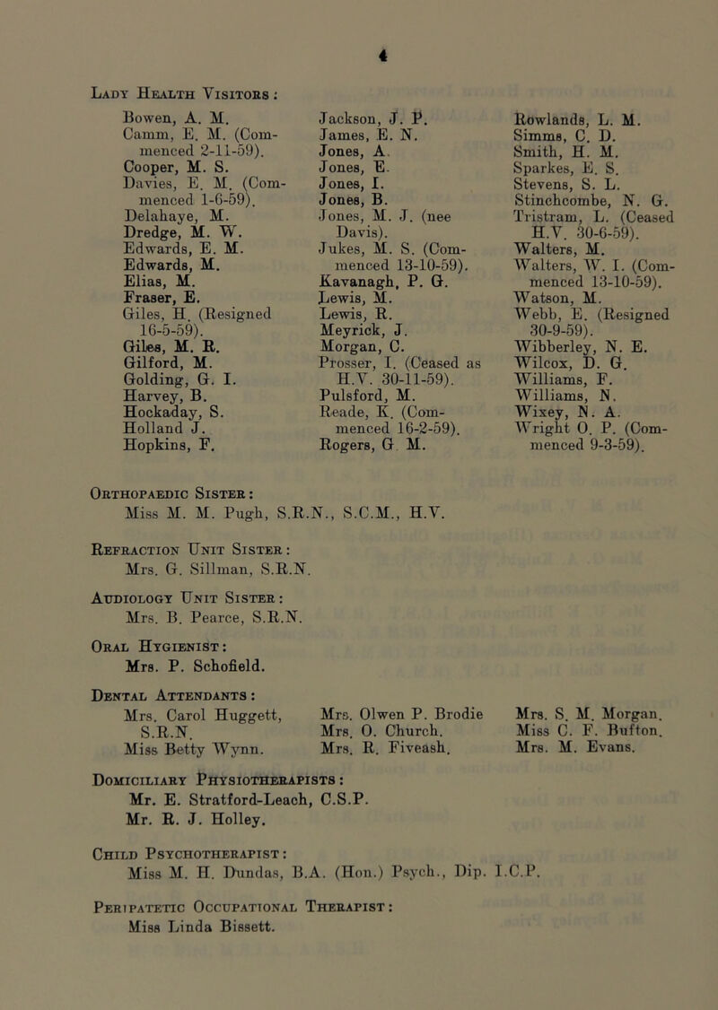 Lady Health Visitors : Bowen, A. M. Camm, E. M. (Com- menced 2-11-59). Cooper, M. S. Davies, E. M. (Com- menced l-G-59). Delahaye, M. Dredge, M. W. Edwards, E. M. Edwards, M. Elias, M. Fraser, E. Giles, H (Resigned 16-5-59). GiLes, M. R. Gilford, M. Golding, G. I. Harvey, B. Hockaday, S. Holland J. Hopkins, F. Jackson, J. E. James, E. N. Jones, A Jones, E. Jones, I. Jones, B. Jones, M. J. (nee Davis). Jukes, M. S. (Com- menced 13-10-59). Kavanagk, P. G. Lewis, M. Lewis, R. Heyrick, J. Morgan, C. Prosser, I. (Ceased as H.V. 30-11-59). Pulsford, M. Reade, K. (Com- menced 16-2-59). Rogers, G M. Orthopaedic Sister: Miss M. M. Pugli, S.R.N., S.C.M., H.V. Refraction Unit Sister: Mrs. G. Sillman, S.R.N. Audiology Unit Sister : Mrs. B. Pearce, S.R.N. Oral Hygienist: Mrs. P. Schofield. Dental Attendants: Mrs. Carol Huggett, Mrs. Olwen P. Brodie S.R.N. Mrs. 0. Church. Miss Betty Wynn. Mrs. R. Fiveash. Domiciliary Physiotherapists : Mr. E. Stratford-Leach, C.S.P. Mr. R. J. Holley. Rowlands, L. M. Simms, C. D. Smith, H. M. Sparkes, E. S. Stevens, S. L. Stinchcombe, N. G. Tristram, L. (Ceased H.V. 30-6-59). Walters, M. Walters, W. I. (Com- menced 13-10-59). Watson, M. Webb, E. (Resigned 30-9-59). Wibberley, N. E. Wilcox, D. G. Williams, F. Williams, N. Wixey, 1*1. A. Wright O. P. (Com- menced 9-3-59). Mrs. S. M. Morgan. Miss C. F. Button. Mrs. M. Evans. Child Psychotherapist: Miss M. H. Dundas, B.A. (Hon.) Psych., Dip. I.C.P. Peripatetic Occupational Therapist: Miss Linda Bissett.