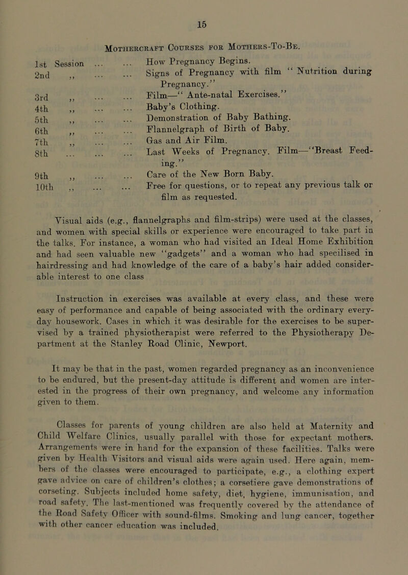 Motiiercraft Courses for Mothers-To-Be. How Pregnancy Begins. Signs of Pregnancy with film “ Nutrition during Pregnancy.” Film—“ Ante-natal Exercises.” Baby’s Clothing. Demonstration of Baby Bathing. Flannelgraph of Birth of Baby. Gas and Air Film. Last Weeks of Pregnancy. Film—“Breast Feed- ing.” Care of the New Born Baby. Free for questions, or to repeat any previous talk or film as requested. Visual aids (e.g., flannelgraphs and film-strips) were used at the classes, and women with special skills or experience were encouraged to take part in the talks. For instance, a woman who had visited an Ideal Home Exhibition and had seen valuable new “gadgets” and a woman who had specilised in hairdressing and had knowledge of the care of a baby’s hair added consider- able interest to one class Instruction in .exercises was available at every class, and these were easy of performance and capable of being associated with the ordinary every- day housework. Cases in which it was desirable for the exercises to he super- vised by a trained physiotherapist were referred to the Physiotherapy De- partment at the Stanley Road Clinic, Newport. It may be that in the past, women regarded pregnancy as an inconvenience to be endured, but the present-day attitude is different and women are inter- ested in the progress of their own pregnancy, and welcome any information given to them. Classes for parents of young children are also held at Maternity and Child Welfare Clinics, usually parallel with those for expectant mothers. Arrangements were in hand for the expansion of these facilities. Talks were given by Health Visitors and visual aids were again used. Here again, mem- bers of the classes were encouraged to participate, e.g., a clothing expert gave advice on care of children’s clothes; a corsetiere gave demonstrations of corseting. Subjects included home safety, diet, hygiene, immunisation, and road safety. The last-mentioned was frequently covered by the attendance of the Road Safety Officer with sound-films. Smoking and lung cancer, together with other cancer education was included. 1st 2nd 3rd 4th 5 th 6tli Tth Sth 9th 10th