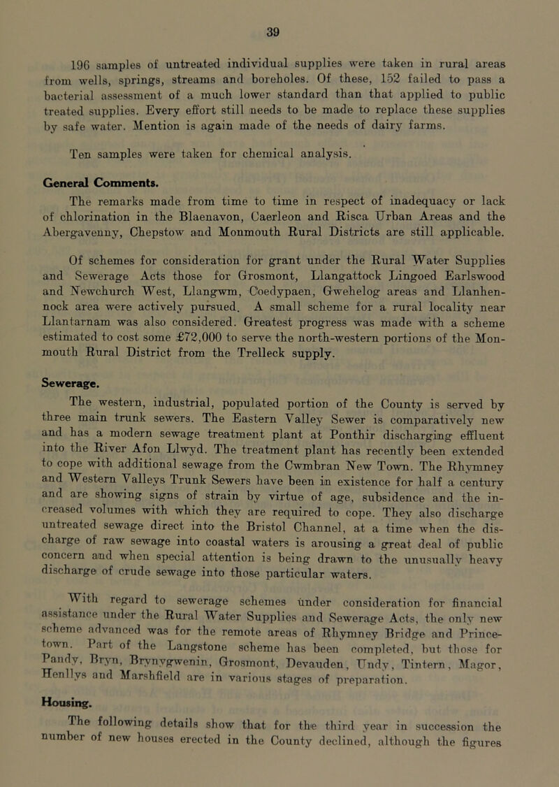 19G samples of untreated individual supplies were taken in rural areas from wells, springs, streams and boreholes. Of these, 152 failed to pass a bacterial assessment of a much lower standard than that applied to public treated supplies. Every effort still needs to be made to replace these supplies by safe water. Mention is again made of the needs of dairy farms. Ten samples were taken for chemical analysis. General Comments. The remarks made from time to time in respect of inadequacy or lack of chlorination in the Blaenavon, Caerleon and Risca Urban Areas and the Abergavenny, Chepstorv and Monmouth Rural Districts are still applicable. Of schemes for consideration for grant under the Rural Water Supplies and Sewerage Acts those for Grosmont, Llangattock Dingoed Earlswood and Newchurch West, Llangwm, C'oedypaen, Gwehelog areas and Llanhen- nock area were actively pursued. A small scheme for a rural locality near Llantarnam was also considered. Greatest progress was made with a scheme estimated to cost some £72,000 to serve the north-western portions of the Mon- mouth Rural District from the Trelleck supply. Sewerage. The western, industrial, populated portion of the County is served by three main trunk sewers. The Eastern Valley Sewer is comparatively new and has a modern sewage treatment plant at Ponthir discharging effluent into the River Afon Llwyd. The treatment plant has recently been extended to cope with additional sewage from the Cwmbran New Town. The Rhymney and Western Valleys Trunk Sewers have been in existence for half a century and are showing signs of strain by virtue of age, subsidence and the in- creased volumes with which they are required to cope. They also discharge untreated sewage direct into the Bristol Channel, at a time when the dis- charge of raw sewage into coastal waters is arousing a great deal of public concern and when special attention is being drawn to the unusually heavy discharge of crude sewage into those particular waters. With regard to sewerage schemes under consideration for financial assistance under the Rural V ater Supplies and Sewerage Acts, the only new scheme advanced was for the remote areas of Rhymney Bridge and Prince- town. T art of the Langstone scheme has been completed, but. those for Pandy, Bryn, Brvnygwenin, Grosmont, Devauden, Undy, Tintern, Magor, Honllys and Marshfield are in various stages of preparation. Housing. The following details show that for the third year in succession the number of new houses erected in the County declined, although the figures