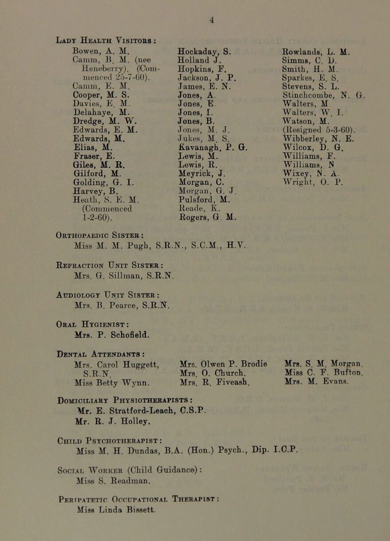 Lady Health Visitors : Bowen, A. H. Camm, B. M. (nee Heneberry). (Com- menced 25-7-00). Camm, E. M. Cooper, H. S. Davies, E. M. Delaliaye, H. Dredge, M. W. Edwards, E. M. Edwards, M. Elias, M. Fraser, E. Giles, M. R. Gilford, M. Golding, G. I. Harvey, B. Heath, S. E. M. (Commenced 1-2-60). Orthopaedic Sister : Miss M. M. Pugh, S.R.N., S.C.M., H.V. Refraction Unit Sister : Mrs. G. Sillman, S.R.N. Audiology Unit Sister : Mrs. B. Pearce, S.R.N. Oral Hygienist : Mrs. P. Schofield. Dental Attendants: Mrs. Carol Huggett, Mrs. Olwen P. Brodie S.R.N. Mrs. 0. Church. Miss Betty Wynn. Mrs. R. Fiveash. Domiciliary Physiotherapists : Mr. E. Stratford-Leach, C.S.P. Mr. R. J. Holley. Child Psychotherapist : Miss M. H. Dundas, B.A. (Hon.) Psych., Dip. Social Worker (Child Guidance): Miss S. Readman. Hockaday, S. Holland J. Hopkins, F. Jackson, J. P. James, E. N. Jones, A J ones, E Jones, I. Jones, B. Jones, M. J. Jukes, M. S. Eavanagh, P. G. Lewis, M. Lewis, R. Meyrick, J. Morgan, C. Morgan, G. J. Pulsford, M. Reade, K. Rogers, G M. Rowlands, L. M. Simms, C. D. Smith, H. M. Sparkes, E. S. Stevens, S. L. Stinchcombe, N. G. Walters, M Walters, W. J. Watson, M. (Resigned 5-3-60). Wibberley, N. E. Wilcox, D. G. Williams, F. Williams, N Wixey, N. A. Wright, O. P. Mrs. S. M. Morgan Miss C. F. Bufton. Mrs. M. Evans. I.C.P. Peripatetic Occupational Therapist: Miss Linda Bissett.