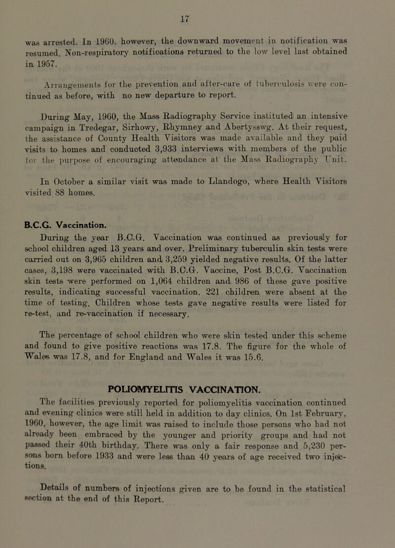 was arrested, in 1960. however, the downward movement in notification was resumed. Non-respiratory notifications returned to the low level last obtained in. 1957. Arrangements for the prevention and after-care of tuberculosis were con- tinued as before, with no new departure to report. During May, 1960, the Mass Radiography Service instituted an intensive campaign in Tredegar, Sirhowy, Rhymney and Abertysswg. At their request, the assistance of County Health Visitors was made available and they paid visits to homes and conducted 3,933 interviews with members of the public for the purpose of encouraging' attendance at the Mass Radiography Unit. In October a similar visit was made to Llandogo, where Health Visitors visited 88 homes. B.C.G. Vaccination. During the year B.C.G. Vaccination was continued as previously for school children aged 13 years and over. Preliminary tuberculin skin tests were carried out on 3,965 children and 3,259 yielded negative results. Of the latter cases, 3,198 were vaccinated with B.O.G. Vaccine, Post B.C.G. Vaccination skin tests were performed on 1,064 children and 986 of these gave positive results, indicating successful vaccination. 221 children were absent at the time of testing. Children whose tests gave negative results were listed for re-test, and re-vaccination if necessary. The percentage of school children who were skin tested under this scheme and found to give positive reactions was 17.8. The figure for the whole of Wales was 17.8, and for England and Wales it was 15.6. POLIOMYELITIS VACCINATION. The facilities previously reported for poliomyelitis vaccination continued and evening clinics were still held in addition to day clinics. On 1st February, 1960, however, the age limit was raised to include those persons who had not already been embraced by the younger and priority groups and had not passed their 40th birthday. There was only a fair response and 5,230 per- sons bom before 1933 and were less than 40 shears of age received two injete- tions. Details of numbers of injections given are to be found in the statistical section at the end of this Report.