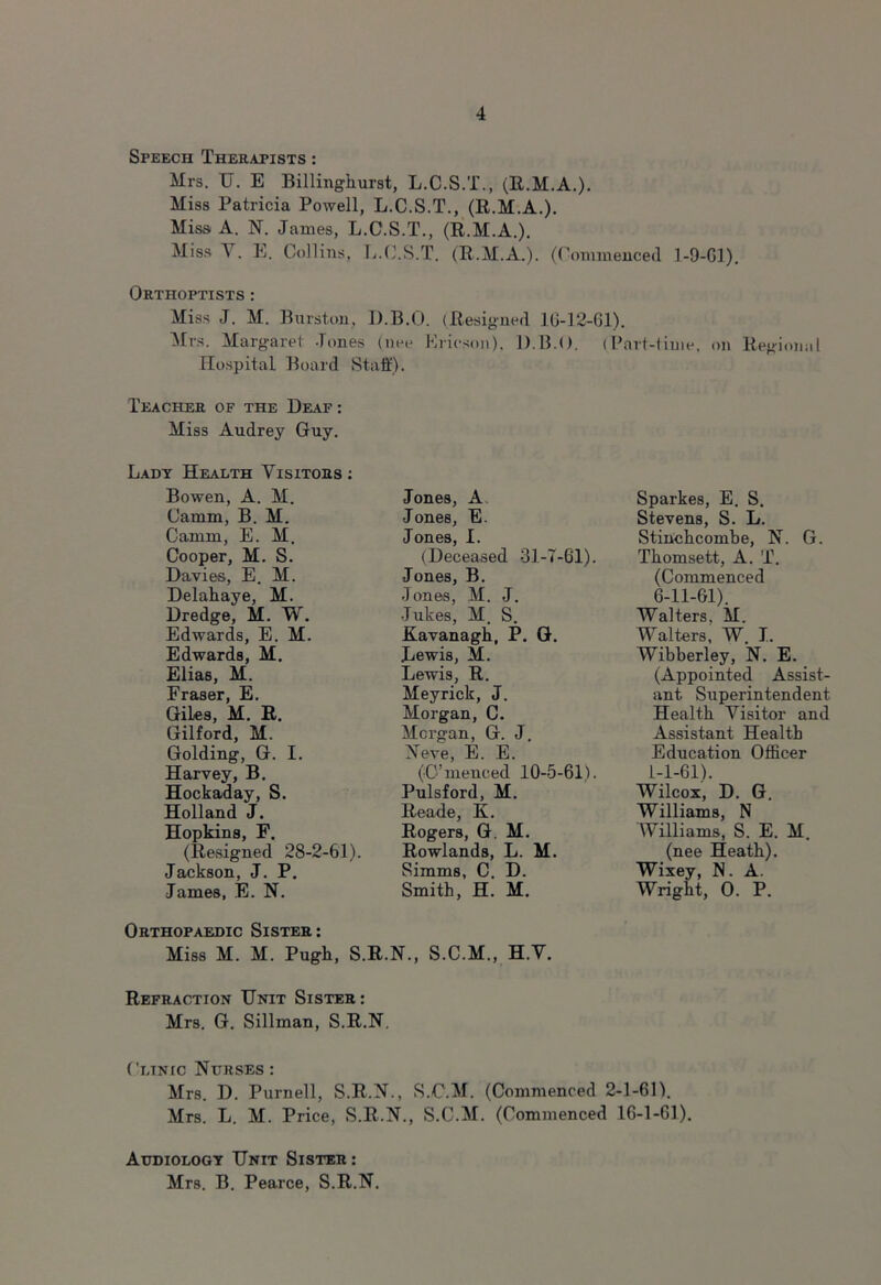 Speech Therapists : Mrs. U. E Billinghurst, L.C.S.T., (R.M.A.). Miss Patricia Powell, L.C.S.T., (R.M.A.). Miss A. N. James, L.C.S.T., (R.M.A.). Miss A . E. Collins, L.C.S.T. (R.M.A.). (Commenced 1-9-G1). Orthoptists : Miss J. M. Burston, D.B.O. (Resigned 1G-12-G1). Mrs. Margaret Jones (nee Krieson), D.B.O. Hospital Board Teacher of the Deaf : Miss Audrey Guy. Lady Health Visitors: Bowen, A. M. Camm, B. M. Camm, E. M. Cooper, M. S. Davies, E. M. Delahaye, M. Dredge, M. W. Edwards, E. M. Edwards, M. Elias, M. Fraser, E. Giles, M. R. Gilford, M. Golding, G. I. Harvey, B. Hockaday, S. Holland J. Hopkins, F. (Resigned 28-2-61). Jackson, J. P. James, E. N. Orthopaedic Sister: Staff). Jones, A Jones, E. Jones, I. (Deceased 31-7-61). Jones, B. Jones, M. J. Jukes, M. S. Kavanagh, P. G. Lewis, M. Lewis, R. Meyrick, J. Morgan, C. Morgan, G. J. Neve, E. E. (O’meuced 10-5-61). Pulsford, M. Reade, K. Rogers, G. M. Rowlands, L. M. Simms, C. D. Smith, H. M. (Part-time, on Regional Sparkes, E. S. Stevens, S. L. Stinchcombe, N. G. Tkomsett, A. T. (Commenced 6-11-61). Walters, M. Walters, W. J. Wibberley, N. E. (Appointed Assist- ant Superintendent Health Visitor and Assistant Health Education Officer 1-1-61). Wilcox, D. G. Williams, N Williams, S. E. M. (nee Heath). Wixey, N. A. Wright, 0. P. 2-1-61). Miss M. M. Pugh, S.R.N., S.C.M., H.V. Refraction Hnit Sister: Mrs. G. Sillman, S.R.N. Clinic Nurses : Mrs. D. Purnell, S.R.N., S.C.M. (Commenced Mrs. L. M. Price, S.R.N., S.C.M. (Commenced 16-1-61). Audiology Hnit Sister : Mrs. B. Pearce, S.R.N.