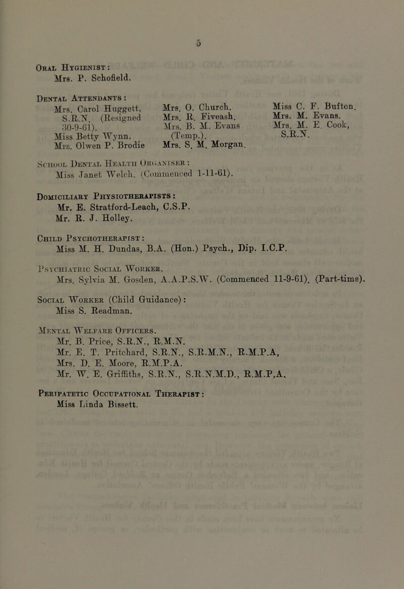 Oral Hygienist: Mrs. P. Schofield. Dental Attendants: Mrs. Carol Huggett, S.R.?J. (Resigned 30-9-61). Miss Betty Wynn. Mrs. Olwen P. Brodie Mrs. 0. Church. Mrs. R. Fiveash. Mrs. B. M. Evans (Temp.). Mrs. S. M. Morgan. School Dental Health Organiser: Miss -Janet Welch. (Commenced 1-11-61). Miss C. F. Bufton. Mrs. M. Evans. Mrs. M. E. Cook, S.R.N. Domiciliary Physiotherapists : Mr. E. Stratford-Leach, C.S.P. Mr. R. J. Holley. Child Psychotherapist: Miss M. H. Dundas, B.A. (Hon.) Psych., Hip. I.C.P. Psychiatric Social Worker. Mrs. Sylvia M. Gosden, A.A.P.S.W. (Commenced 11-9-61). (Part-time). Social Worker (Child Guidance): Miss S. Readman. Mental Welfare Officers. Mr. B. Price, S.R.N., R.M.N. Mr. E. T. Pritchard, S.R.N., S.R.M.N., R.M.P.A, Mrs. D. E. Moore, R.M.P.A. Mr. W. E. Griffiths, S.R.N., S.R.N.M.D., R.M.P,A, Peripatetic Occupational Therapist : Miss Linda Bissett.