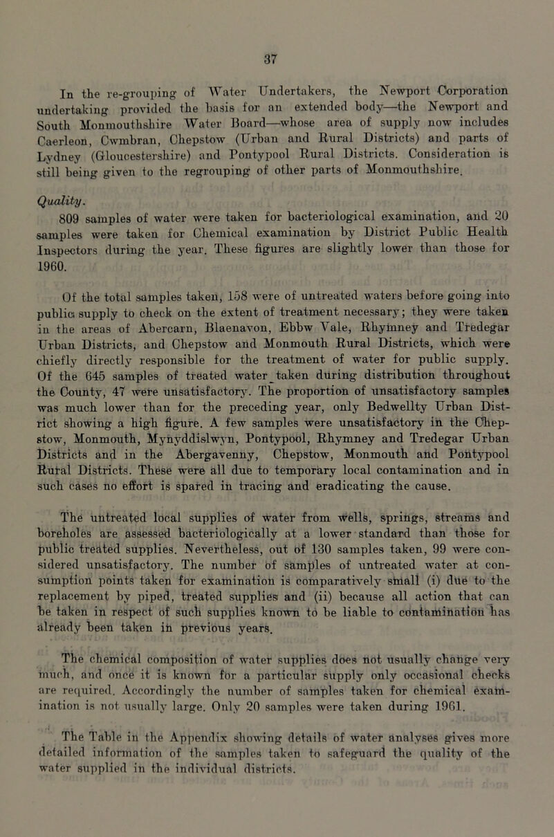 In the re-grouping of Water Undertakers, the Newport Corporation undertaking provided the basis for an extended body—the Newport and South Monmouthshire Water Board—whose area of supply now includes Caerleon, Cwmbran, Chepstow (Urban and Rural Districts) and parts of Lydney (Gloucestershire) and Pontypool Rural Districts. Consideration is still being given to the regrouping of other parts of Monmouthshire. Quality. 809 samples of water were taken for bacteriological examination, and 20 samples were taken for Chemical examination by District Public Health Inspectors during the year. These figures are slightly lower than those for 1960. Of the total samples taken, 158 were of untreated waters before going into publici supply to check on the extent of treatment necessary; they were taken in the areas of Abercarn, Blaenavon, Ebbw Vale, Rhyinney and Tredegar Urban Districts, and Chepstow and Monmouth Rural Districts, which were chiefly directly responsible for the treatment of water for public supply. Of the 645 samples of treated water taken during distribution throughout the County, 47 were unsatisfactory. The proportion of unsatisfactory samples was much lower than for the preceding year, only Bedwellty Urban Dist- rict showing a high figure. A few samples were unsatisfactory in the Chep- stow, Monmouth, Mynyddislwyn, Pontypool, Rhymney and Tredegar Urban Districts and in the Abergavenny, Chepstow, Monmouth and Pontypool Rural Districts. These were all due to temporary local contamination and in such cases no effort is spared in tracing and eradicating the cause. The untreated local supplies of water from wells, springs, streams and boreholes are assessed bacteriologically at a lower standard than those for public treated supplies. Nevertheless, out of 130 samples taken, 99 were con- sidered unsatisfactory. The number of samples of untreated water at con- sumption points taken for examination is comparatively small (i) due to the replacement by piped, treated supplies and (ii) because all action that can be taken in respect of such supplies known to be liable to contamination has already been taken ih previo\is years. The chemical composition of water supplies does not usually change very much, and oncie it is known for a particular supply only occasional checks are required. Accordingly the number of samples taken for chemical exam- ination is not usually large. Only 20 samples were taken during 1961. The Table in the Appendix showing details of water analyses gives more detailed information of the samples taken to safeguard the quality of the water supplied in the individual districts.