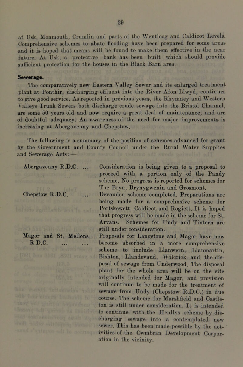 at Usk, Monmouth, Crumlin and parts of the Wentloog and Caldicot Levels. Comprehensive schemes to abate hooding have been prepared for some areas and it is hoped that means will be found to make them effective in the near future. At Usk, a protective bank has been built which should provide sufficient protection for the houses in the Black Barn area. Sewerage. The comparatively new Eastern Valley Sewer and its enlarged treatment plant at Ponthir, discharging effluent into the River Afon Llwyd, continues to give good service. As reported in previous years, the Rliymney and Western Valleys Trunk Sewers both discharge crude sewage into the Bristol Channel, are some 50 years old and now require a great deal of maintenance, and are of doubtful adequacy. An awareness of the need for major improvements is increasing at Abergavenny and Chepstow. The following is a summary of the position of schemes advanced for grant by the Government and County Council under the Rural Water Supplies and Sewerage Acts : — Abergavenny R.D./C. ... Chepstow R.D.C. Magor and St. Mellons R.D.C Consideration is being given to a proposal to proceed with a portion only of the Pandy scheme. No progress is reported for schemes for The Bryn, Brynygwenin and Grosmont. Devauden scheme completed. Preparations are being made for a comprehnsive scheme for Portskewett, Caldicot and Rogiett. It is hoped that progress will be made in the scheme for St. Arvans. Schemes for Undy and Tint-era are still under consideration. Proposals for Langstone and Magor have now become absorbed in a more comprehensive scheme to include Llanwern, Llanmartin, Bishton, Llandevaud, Wilcrick and the dis- posal of sewage from Underwood. The disposal plant for the whole area will be on the site originally intended for Magor, and provision will continue to be made for the treatment of sewage from Undy (Chepstow RJ>.C.) in due course. The scheme for Marshfield and Castle- ton is still under consideration. It is intended to continue with the Henllys scheme by dis- charging sewage into a contemplated new sewer. This has been made possible by the act- ivities of the Cwmbran Development Corpor- ation in the vicinity.