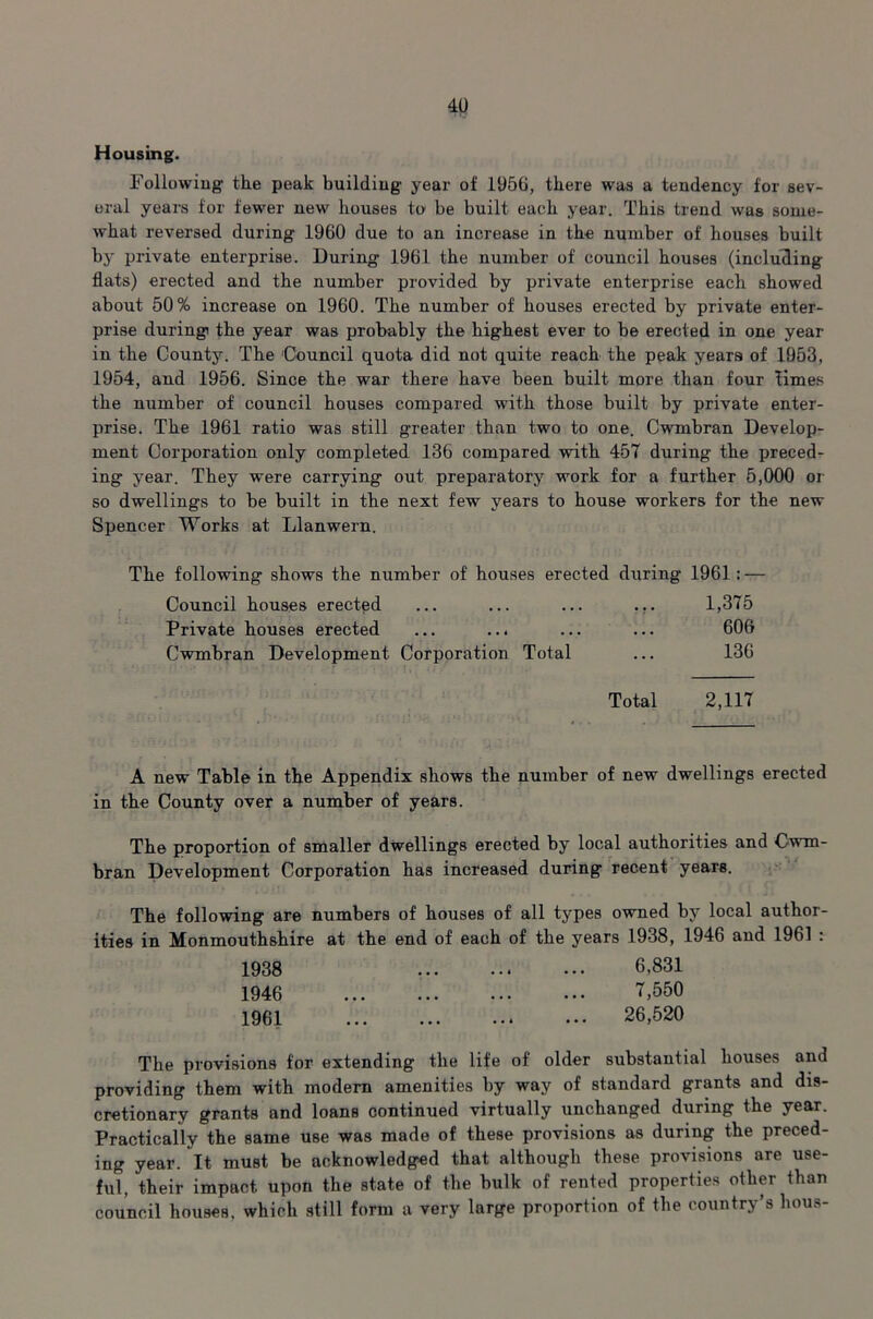 Housing. Following the peak building year of 1950, there was a tendency for sev- eral years for fewer new houses to be built each year. This trend was some- what reversed during 1960 due to an increase in the number of houses built by private enterprise. During 1961 the number of council houses (including flats) erected and the number provided by private enterprise each showed about 50% increase on 1960. The number of houses erected by private enter- prise during! the year was probably the highest ever to be erected in one year in the County. The 'Council quota did not quite reach the peak years of 1953, 1954, and 1956. Since the war there have been built more than four times the number of council houses compared with those built by private enter- prise. The 1961 ratio was still greater than two to one. Cwmbran Develop- ment Corporation only completed 136 compared with 457 during the preced- ing year. They were carrying out preparatory work for a further 5,000 or so dwellings to be built in the next few years to house workers for the new Spencer Works at Llanwern. The following shows the number of houses erected during 1961: — Council houses erected ... ... ... ... 1,375 Private houses erected ... ... ... ... 60G Cwmbran Development Corporation Total ... 136 Total 2,117 A new Table in the Appendix shows the number of new dwellings erected in the County over a number of years. The proportion of smaller dwellings erected by local authorities and Cwm- bran Development Corporation has increased during recent years. The following are numbers of houses of all types owned by local author- ities in Monmouthshire at the end of each of the years 1938, 1946 and 1961 : 1938 6,831 1946 550 1961 26,520 The provisions for extending the life of older substantial houses and providing them with modern amenities by way of standard grants and dis- cretionary grants and loans continued virtually unchanged during the year. Practically the same use was made of these provisions as during the preced- ing year. It must be acknowledged that although these provisions are use- ful, their impact upon the state of the bulk of rented properties other than council houses, which still form a very large proportion of the country’s hous-