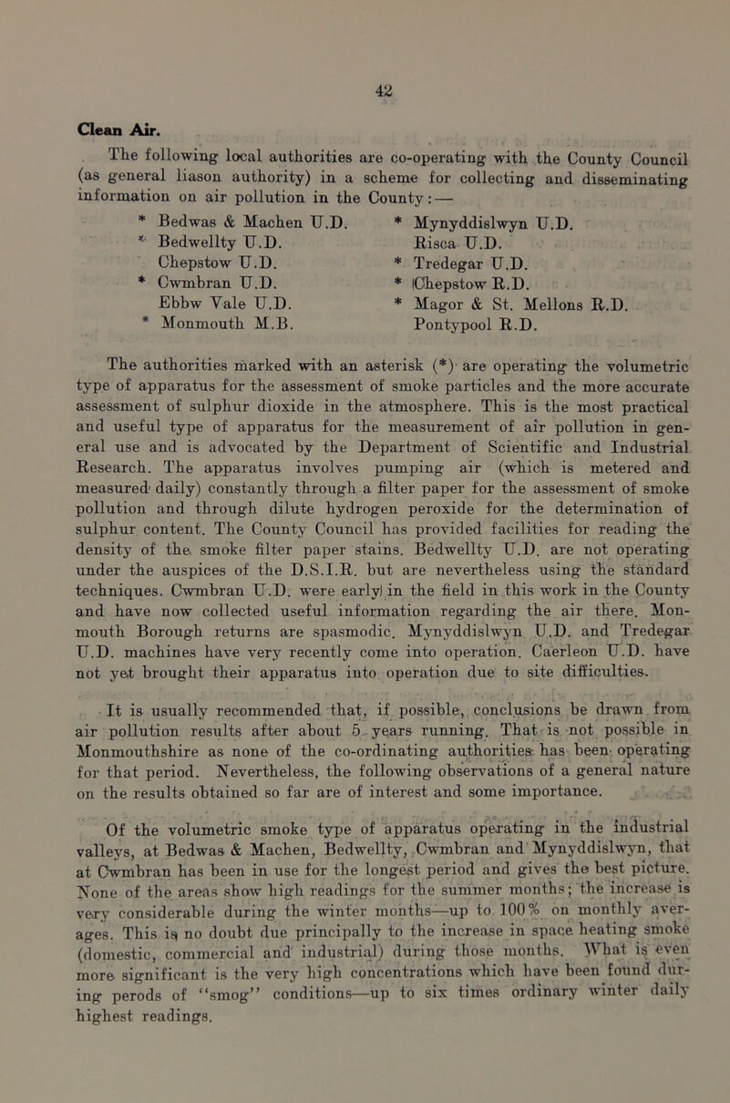Clean Air. Tlie following local authorities are co-operating with the County Council (as general liason authority) in a scheme for collecting and disseminating information on air pollution in the County: — Bedwas & Machen U.D. Bedwellty U.D. Chepstow U.D. Cwmbran U.D. Ebbw Yale U.D. Monmouth M.B. Mynyddislwyn U.D. Risca U.D. Tredegar U.D. iChepstow R.D. Magor & St. Mellons R.D. Pontypool R.D. The authorities marked with an asterisk (*) are operating the volumetric type of apparatus for the assessment of smoke particles and the more accurate assessment of sulphur dioxide in the atmosphere. This is the most practical and useful type of apparatus for the measurement of air pollution in gen- eral use and is advocated by the Department of Scientific and Industrial Research. The apparatus involves pumping air (which is metered and measured' daily) constantly through a filter paper for the assessment of smoke pollution and through dilute hydrogen peroxide for the determination of sulphur content. The County Council has provided facilities for reading the density of the, smoke filter paper stains. Bedwellty U.D. are not operating under the auspices of the D.S.I.R. but are nevertheless using the standard techniques. Cwmbran U.D. were early! in the field in this work in the County and have now collected useful information regarding the air there. Mon- mouth Borough returns are spasmodic. Mynyddislwyn U.D. and Tredegar U.D. machines have very recently come into operation. Caerleon U.D. have not yet brought their apparatus into operation due to site difficulties. It is usually recommended that, if possible, conclusions be drawn from air pollution results after about 5 years running. That is not possible in Monmouthshire as none of the co-ordinating authorities has been' operating for that period. Nevertheless, the following observations of a general nature on the results obtained so far are of interest and some importance. Of the volumetric smoke type of apparatus operating in the industrial valleys, at Bedwas & Machen, Bedwellty, Cwmbran and Mynyddislwyn, that at Cwmbran has been in use for the longest period and gives the best picture. None of the areas show high readings for the summer months; the increase is very considerable during the winter months—up to 100% on monthly aver- ages. This i^ no doubt due principally to the increase in space heating smoke (domestic, commercial and industrial) during those months. What is even more significant is the very high concentrations which have been found dur- ing perods of smog1* conditions—up to six times ordinary winter daily highest readings.