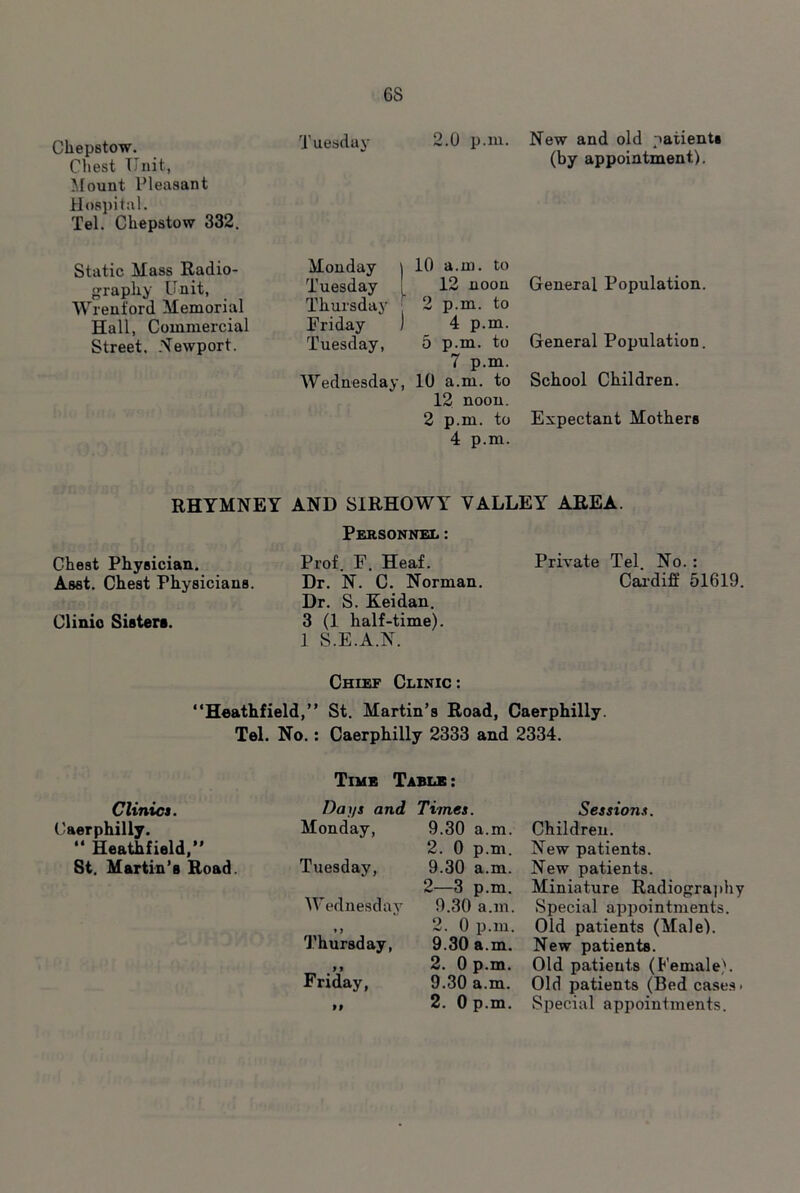 Chepstow. Chest Unit, Mount Pleasant Hospital. Tel. Chepstow 332. Static Mass Radio- graphy U nit, Wrenford Memorial Hall, Commercial Street. Newport. Tuesday 2.0 p.m. New and old patient* (by appointment). Monday | 10 a.m. to Tuesday t 12 noon Thursday 2 p.m. to Friday J 4 p.m. Tuesday, 5 p.m. to 7 p.m. Wednesday, 10 a.m. to 12 noon. 2 p.m. to 4 p.m. General Population. General Population. School Children. Expectant Mothers RHYMNEY AND SIRHOWY VALLEY AREA. Personnel: Prof. F. Heaf. Private Tel. No. : Dr. N. C. Norman. Cardiff 51619. Dr. S. Keidan. 3 (1 half-time). 1 S.E.A.N. Chief Clinic : “Heathfield,” St. Martin’s Road, Caerphilly. Tel. No.: Caerphilly 2333 and 2334. Time Table: Clinics. Dai/s and Times. Sessions. Caerphilly. Monday, 9.30 a.m. Children. “ Heathfield,” 2. 0 p.m. New patients. St. Martin’s Road. Tuesday, 9.30 a.m. New patients. 2—3 p.m. Miniature Radiography Wednesday 9.30 a.m. Special appointments. »> 2. 0 p.m. Old patients (Male). Thursday, 9.30 a.m. New patients. t 2. 0 p.m. Old patients (Female). Friday, 9.30 a.m. Old patients (Bed cases. >9 2. 0 p.m. Special appointments. Chest Physician. Asst. Chest Physicians. Clinic Sisters.