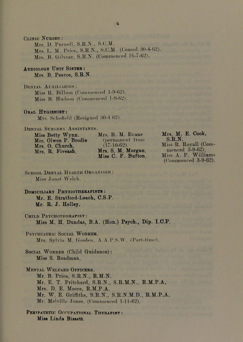 Clinic Nurses : Mrs. 1). Purnell, S.lt.N.. S.C.M. Mrs! L. M. Price, S.R.N., S.C.M. (Ceased 30-4-02). Mrs. 1C Gilveur, S.R.N. (Commenced 10-7-62). Audiology Unit Sister : Mrs. B. Pearce, S.R.N. I )entai. Ai xii. i a hies : Miss It. Billson (Com me need 1-9-62). Miss B. Hudson (('ommeiiced 1-9-02). Oral Hygienist: Mrs. Schofield (Resigned 30-J 02). Dental Surgery Assistants. Miss Betty Wynn. Mrs. Olwen P. Brodie Mrs. 0. Church. Mrs. R. Fiveash. Mrs. B. M. Evans (permanent from (1.7-10-62). Mrs. S. M. Morgan. Miss C. F. Bufton. Mrs M. E. Cook, S.R.N. Miss R. Royall (Com meuced 3-9-62). Miss A. P. William (('ommeneed 3-9-62) School Dental Health Organiser : Miss Janet Welch. Domiciliary Physiotherapists : Mr. E. Stratford-Leach, C.S.P. Mr. R. J. Holley. Child Psychotherapist: Miss M. H. Dundas, B.A. (Hon.) Psych., Dip. I.C.P. Psychiatric Social Worker. Mrs. Sylvia M. Gosden, A.A.P.N.W. (Pnrl-time). Social Worker (Child Guidance): Miss S. Readman. Mental Welfare Officers. Mr. B. Price, S.R.N., R.M.N. Mr. E. T. Pritchard, S.R.N., S.R.M.N., R.M.P.A, Mrs. D. E. Moore, R.M.P.A. Mr. W. E. Griffiths, S.R.N., S.R.N.M.D., R.M.P.A. Mr. Melville Jones. (Commenced 1-11-62). Peripatetic Occupational Therapist : Miss Linda Bissett.