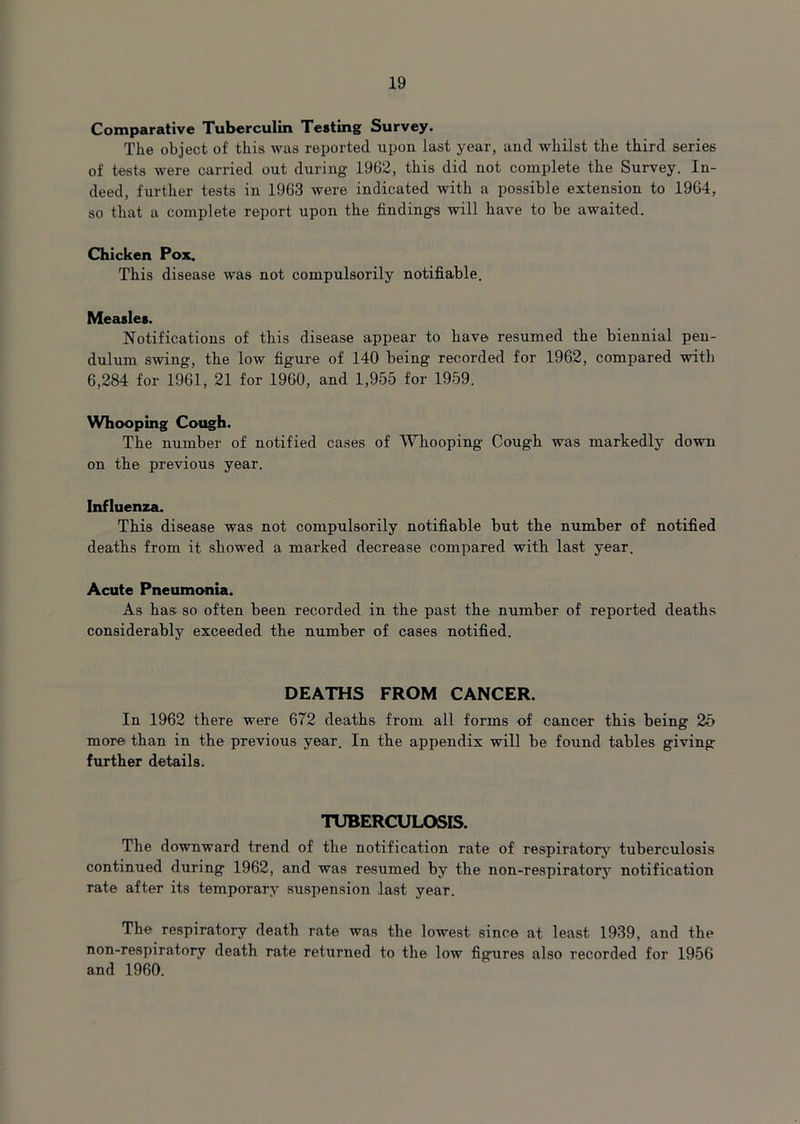 Comparative Tuberculin Testing Survey. The object of this was reported upon last year, and whilst the third series of tests were carried out during 1962, this did not complete the Survey. In- deed, further tests in 1963 were indicated with a possible extension to 1964, so that a complete report upon the findings will have to be awaited. Chicken Pox. This disease was not compulsorily notifiable. Measles. Notifications of this disease appear to have resumed the biennial pen- dulum swing, the low figure of 140 being recorded for 1962, compared with 6,284 for 1961, 21 for 1960, and 1,955 for 1959. Whooping Cough. The number of notified cases of Whooping Cough was markedly down on the previous year. Influenza. This disease was not compulsorily notifiable but the number of notified deaths from it showed a marked decrease compared with last year. Acute Pneumonia. As has so often been recorded in the past the number of reported deaths considerably exceeded the number of cases notified. DEATHS FROM CANCER. In 1962 there were 672 deaths from all forms of cancer this being 25 more than in the previous year. In the appendix will be found tables giving further details. TUBERCULOSIS. The downward trend of the notification rate of respiratory tuberculosis continued during 1962, and was resumed by the non-respiratory notification rate after its temporary suspension last year. The respiratory death rate was the lowest since at least 1939, and the non-respiratory death rate returned to the low fig-ures also recorded for 1956 and 1960.