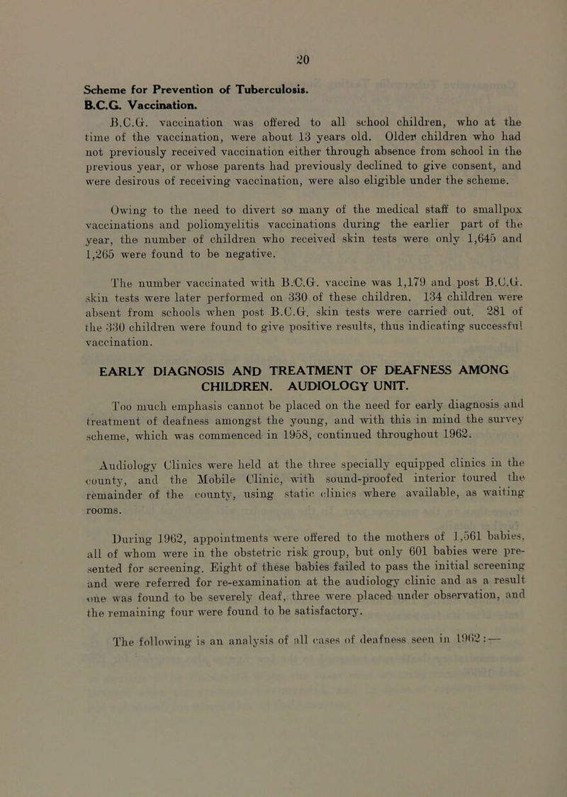 Scheme for Prevention of Tuberculosis. B.C.G. Vaccination. B.C.G. vaccination was offered to all school children, who at the time of the vaccination, were about 13 years old. Olden children who had not previously received vaccination either through absence from school in the previous year, or whose parents had previously declined to give consent, and were desirous of receiving vaccination, were also eligible under the scheme. Owing- to the need to divert so many of the medical staff to smallpox vaccinations and poliomyelitis vaccinations during the earlier part of the year, the number of children who received skin tests were only 1,645 and 1,265 were found to be negative. The number vaccinated with B.'C.G. vaccine was 1,179 and post B.C.G. skin tests were later performed on 330 of these children. 134 children were absent from schools when post B.C.G. skin tests were carried out. 281 of the 330 children were found to give positive results, thus indicating successful vaccination. EARLY DIAGNOSIS AND TREATMENT OF DEAFNESS AMONG CHILDREN. AUDIOLOGY UNIT. Too much emphasis cannot be placed on the need for early diagnosis and treatment of deafness amongst the young, and -with this in mind the survey scheme, which was commenced in 1958, continued throughout 1962. Audiology Clinics were held at the three specially equipped clinics in the county, and the Mobile Clinic, with sound-proofed interior toured the remainder of the county, using static clinics where available, as waiting- rooms. During- 1962, appointments were offered to the mothers of 1,561 babies, all of whom were in the obstetric risk group, but only 601 babies were pre- sented for screening. Eight of these babies failed to pass the initial screening and were referred for re-examination at the audiology clinic and as a result one was found to be severely deaf, three were placed under observation, and the remaining four were found to be satisfactory. The following is an analysis of all cases of deafness seen in 1962: —