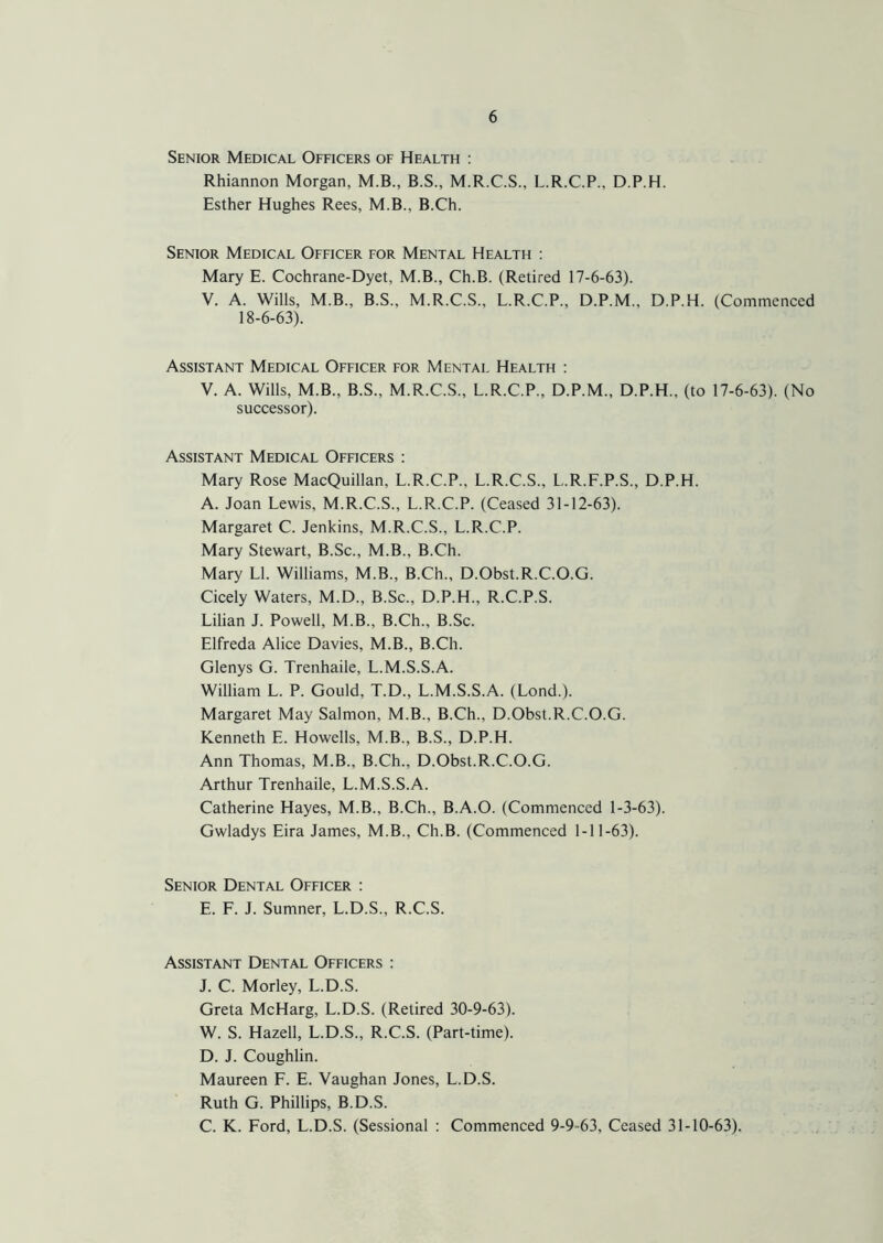 Senior Medical Officers of Health : Rhiannon Morgan, M.B., B.S., M.R.C.S., L.R.C.P., D.P.H. Esther Hughes Rees, M.B., B.Ch. Senior Medical Officer for Mental Health : Mary E. Cochrane-Dyet, M.B., Ch.B. (Retired 17-6-63). V. A. Wills, M.B., B.S., M.R.C.S., L.R.C.P., D.P.M., D.P.H. (Commenced 18-6-63). Assistant Medical Officer for Mental Health : V. A. Wills, M.B., B.S., M.R.C.S., L.R.C.P., D.P.M., D.P.H., (to 17-6-63). (No successor). Assistant Medical Officers : Mary Rose MacQuillan, L.R.C.P., L.R.C.S., L.R.F.P.S., D.P.H. A. Joan Lewis, M.R.C.S., L.R.C.P. (Ceased 31-12-63). Margaret C. Jenkins, M.R.C.S., L.R.C.P. Mary Stewart, B.Sc., M.B., B.Ch. Mary LI. Williams, M.B., B.Ch., D.Obst.R.C.O.G. Cicely Waters, M.D., B.Sc., D.P.H., R.C.P.S. Lilian J. Powell, M.B., B.Ch., B.Sc. Elfreda Alice Davies, M.B., B.Ch. Glenys G. Trenhaile, L.M.S.S.A. William L. P. Gould, T.D., L.M.S.S.A. (Lond.). Margaret May Salmon, M.B., B.Ch., D.Obst.R.C.O.G. Kenneth E. Howells, M.B., B.S., D.P.H. Ann Thomas, M.B., B.Ch., D.Obst.R.C.O.G. Arthur Trenhaile, L.M.S.S.A. Catherine Hayes, M.B., B.Ch., B.A.O. (Commenced 1-3-63). Gwladys Eira James, M.B., Ch.B. (Commenced 1-11-63). Senior Dental Officer : E. F. J. Sumner, L.D.S., R.C.S. Assistant Dental Officers : J. C. Morley, L.D.S. Greta McHarg, L.D.S. (Retired 30-9-63). W. S. Hazell, L.D.S., R.C.S. (Part-time). D. J. Coughlin. Maureen F. E. Vaughan Jones, L.D.S. Ruth G. Phillips, B.D.S. C. K. Ford, L.D.S. (Sessional : Commenced 9-9 -63, Ceased 31-10-63).