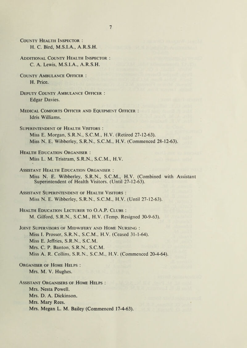 County Health Inspector : H. C. Bird, M.S.I.A., A.R.S.H. Additional County Health Inspector : C. A. Lewis, M.S.I.A., A.R.S.H. County Ambulance Officer : H. Price. Deputy County Ambulance Officer : Edgar Davies. Medical Comforts Officer and Equipment Officer : Idris Williams. Superintendent of Health Visitors : Miss E. Morgan, S.R.N., S.C.M., H.V. (Retired 27-12-63). Miss N. E. Wibberley, S.R.N., S.C.M., H.V. (Commenced 28-12-63). Health Education Organiser : Miss L. M. Tristram, S.R.N., S.C.M., H.V. Assistant Health Education Organiser : Miss N. E. Wibberley, S.R.N., S.C.M., H.V. (Combined with Assistant Superintendent of Health Visitors. (Until 27-12-63). Assistant Superintendent of Health Visitors : Miss N. E. Wibberley, S.R.N., S.C.M., H.V. (Until 27-12-63). Health Education Lecturer to O.A.P. Clubs : M. Gilford, S.R.N., S.C.M., H.V. (Temp. Resigned 30-9-63). Joint Supervisors of Midwifery and Home Nursing : Miss I. Prosser, S.R.N., S.C.M., H.V. (Ceased 31-1-64). Miss E. Jeffries, S.R.N., S.C.M. Mrs. C. P. Banton, S.R.N., S.C.M. Miss A. R. Collins, S.R.N., S.C.M., H.V. (Commenced 20-4-64). Organiser of Home Helps : Mrs. M. V. Hughes. Assistant Organisers of Home Helps : Mrs. Nesta Powell. Mrs. D. A. Dickinson. Mrs. Mary Rees. Mrs. Megan L. M. Bailey (Commenced 17-4-63).