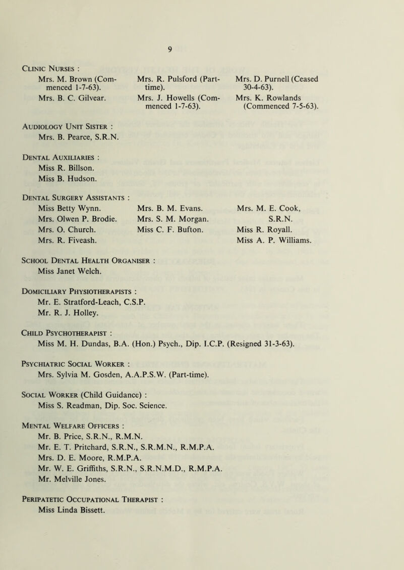 Clinic Nurses : Mrs. M. Brown (Com- menced 1-7-63). Mrs. B. C. Gilvear. Mrs. R. Pulsford (Part- time). Mrs. J. Howells (Com- menced 1-7-63). Mrs. D. Purnell (Ceased 30-4-63). Mrs. K. Rowlands (Commenced 7-5-63). Audiology Unit Sister : Mrs. B. Pearce, S.R.N. Dental Auxiliaries : Miss R. Billson. Miss B. Hudson. Dental Surgery Assistants : Miss Betty Wynn. Mrs. Olwen P. Brodie. Mrs. 0. Church. Mrs. R. Fiveash. Mrs. B. M. Evans. Mrs. S. M. Morgan. Miss C. F. Bufton. Mrs. M. E. Cook, S.R.N. Miss R. Royall. Miss A. P. Williams. School Dental Health Organiser : Miss Janet Welch. Domiciliary Physiotherapists : Mr. E. Stratford-Leach, C.S.P. Mr. R. J. Holley. Child Psychotherapist : Miss M. H. Dundas, B.A. (Hon.) Psych., Dip. I.C.P. (Resigned 31-3-63). Psychiatric Social Worker : Mrs. Sylvia M. Gosden, A.A.P.S.W. (Part-time). Social Worker (Child Guidance) : Miss S. Readman, Dip. Soc. Science. Mental Welfare Officers : Mr. B. Price, S.R.N., R.M.N. Mr. E. T. Pritchard, S.R.N., S.R.M.N., R.M.P.A. Mrs. D. E. Moore, R.M.P.A. Mr. W. E. Griffiths, S.R.N., S.R.N.M.D., R.M.P.A. Mr. Melville Jones. Peripatetic Occupational Therapist : Miss Linda Bissett.