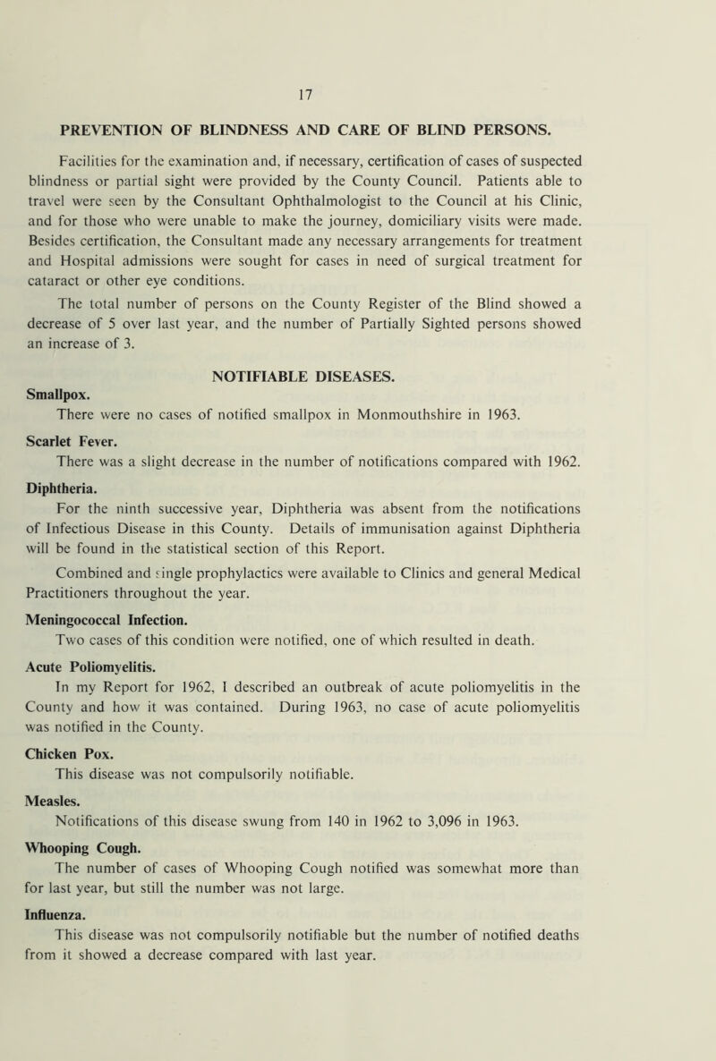 PREVENTION OF BLINDNESS AND CARE OF BLIND PERSONS. Facilities for the examination and, if necessary, certification of cases of suspected blindness or partial sight were provided by the County Council. Patients able to travel were seen by the Consultant Ophthalmologist to the Council at his Clinic, and for those who were unable to make the journey, domiciliary visits were made. Besides certification, the Consultant made any necessary arrangements for treatment and Hospital admissions were sought for cases in need of surgical treatment for cataract or other eye conditions. The total number of persons on the County Register of the Blind showed a decrease of 5 over last year, and the number of Partially Sighted persons showed an increase of 3. NOTIFIABLE DISEASES. Smallpox. There were no cases of notified smallpox in Monmouthshire in 1963. Scarlet Fever. There was a slight decrease in the number of notifications compared with 1962. Diphtheria. For the ninth successive year, Diphtheria was absent from the notifications of Infectious Disease in this County. Details of immunisation against Diphtheria will be found in the statistical section of this Report. Combined and single prophylactics were available to Clinics and general Medical Practitioners throughout the year. Meningococcal Infection. Two cases of this condition were notified, one of which resulted in death. Acute Poliomyelitis. In my Report for 1962, I described an outbreak of acute poliomyelitis in the County and how it was contained. During 1963, no case of acute poliomyelitis was notified in the County. Chicken Pox. This disease was not compulsorily notifiable. Measles. Notifications of this disease swung from 140 in 1962 to 3,096 in 1963. Whooping Cough. The number of cases of Whooping Cough notified was somewhat more than for last year, but still the number was not large. Influenza. This disease was not compulsorily notifiable but the number of notified deaths from it showed a decrease compared with last year.