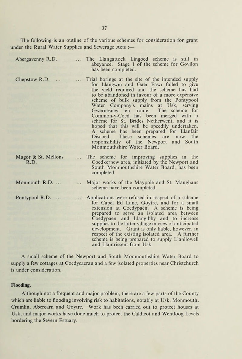 The following is an outline of the various schemes for consideration for grant under the Rural Water Supplies and Sewerage Acts :— Abergavenny R.D. Chepstow R.D. Magor & St. Mellons R.D. Monmouth R.D. ... Pontypool R.D. The Llangattock Lingoed scheme is still in abeyance. Stage 1 of the scheme for Govilon has been completed. Trial borings at the site of the intended supply for Llangwm and Gaer Fawr failed to give the yield required and the scheme has had to be abandoned in favour of a more expensive scheme of bulk supply from the Pontypool Water Company’s mains at Usk, serving Gwernesney en route. The scheme for Common-y-Coed has been merged with a scheme for St. Brides Netherwent, and it is hoped that this will be speedily undertaken. A scheme has been prepared for Llanfair Discoed. These schemes are now the responsibility of the Newport and South Monmouthshire Water Board. The scheme for improving supplies in the Coedkernew area, initiated by the Newport and South Monmouthshire Water Board, has been completed. Major works of the Maypole and St. Maughans scheme have been completed. Applications were refused in respect of a scheme for Capel Ed Lane, Goytre, and for a small extension at Coedypaen. A scheme is being prepared to serve an isolated area between Coedypaen and Llangibby and to increase supplies to the latter village in view of anticipated development. Grant is only liable, however, in respect of the existing isolated area. A further scheme is being prepared to supply Llanllowell and Llantrissent from Usk. A small scheme of the Newport and South Monmouthshire Water Board to supply a few cottages at Coedycaerau and a few isolated properties near Christchurch is under consideration. Flooding. Although not a frequent and major problem, there are a few parts of the County which are liable to flooding involving risk to habitations, notably at Usk, Monmouth, Crumlin, Abercarn and Goytre. Work has been carried out to protect houses at Usk, and major works have done much to protect the Caldicot and Wentloog Levels bordering the Severn Estuary.