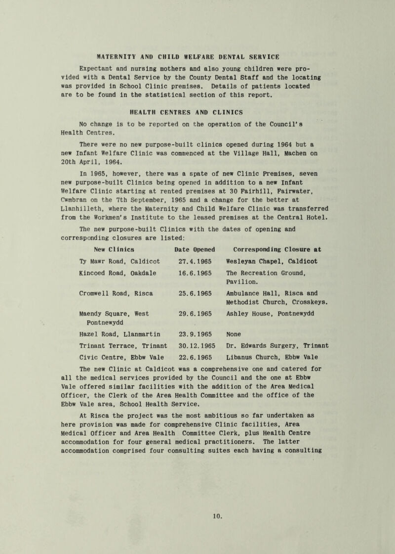 MATERNITY AND CHILD WELFARE DENTAL SERVICE Expectant and nursing mothers and also young children were pro- vided with a Dental Service by the County Dental Staff and the locating was provided in School Clinic premises. Details of patients located are to be found in the statistical section of this report. HEALTH CENTRES AND CLINICS No change is to be reported on the operation of the Council's Health Centres. There were no new purpose-built clinics opened during 1964 but a new Infant Welfare Clinic was commenced at the Village Hall, Machen on 20th April, 1964. In 1965, however, there was a spate of new Clinic Premises, seven new purpose-built Clinics being opened in addition to a new Infant Welfare Clinic starting at rented premises at 30 Fairhlll, Fairwater, Cwmbran on the 7th September, 1965 and a change for the better at Llanhilleth, where the Maternity and Child Welfare Clinic was transferred from the Workmen's Institute to the leased premises at the Central Hotel. The new purpose-built Clinics with the dates of opening and corresponding closures are listed: New Clinics Date Opened Corresponding Closure at Ty Mawr Road, Caldicot 27.4.1965 Wesleyan Chapel, Caldicot Kincoed Road, Oakdale 16.6.1965 The Recreation Ground, Pavilion. Cromwell Road, Risca 25.6.1965 Ambulance Hall, Risca and Methodist Church, Crosskeys. Maendy Square, West 29.6.1965 Ashley House, Pontnewydd Pontnewydd Hazel Road, Llanmartin 23.9.1965 None Trinant Terrace, Trinant 30.12.1965 Dr. Edwards Surgery, Trinant Civic Centre, Ebbw Vale 22.6.1965 Libanus Church, Ebbw Vale The new Clinic at Caldicot was a comprehensive one and catered for all the medical services provided by the Council and the one at Ebbw Vale offered similar facilities with the addition of the Area Medical Officer, the Clerk of the Area Health Committee and the office of the Ebbw Vale area. School Health Service. At Risca the project was the most ambitious so far undertaken as here provision was made for comprehensive Clinic facilities. Area Medical Officer and Area Health Committee Clerk, plus Health Centre accommodation for four general medical practitioners. The latter accommodation comprised four consulting suites each having a consulting