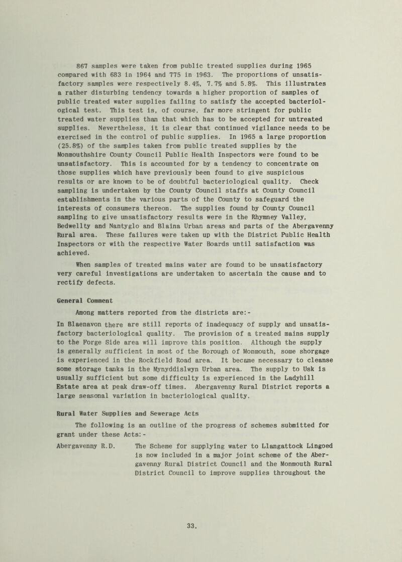 867 samples were taken from public treated supplies during 1965 compared with 683 in 1964 and 775 in 1963. The proportions of unsatis- factory samples were respectively 8.4%, 7.7% and 5.8%. This illustrates a rather disturbing tendency towards a higher proportion of samples of public treated water supplies falling to satisfy the accepted bacteriol- ogical test. This test is, of course, far more stringent for public treated water supplies than that which has to be accepted for untreated supplies. Nevertheless, it is clear that continued vigilance needs to be exercised in the control of public supplies. In 1965 a large proportion (25.8%) of the samples taken from public treated supplies by the Monmouthshire County Council Public Health Inspectors were found to be unsatisfactory. This is accounted for by a tendency to concentrate on those supplies which have previously been found to give suspicious results or are known to be of doubtful bacteriological quality. Check sampling is undertaken by the County Council staffs at County Council establishments in the various parts of the County to safeguard the interests of consumers thereon. The supplies found by County Council sampling to give unsatisfactory results were in the Rhymney Valley, Bedwellty and Nantyglo and Blaina Urban areas and parts of the Abergavenny Rural area. These failures were taken up with the District Public Health Inspectors or with the respective Water Boards until satisfaction was achieved. When samples of treated mains water are found to be unsatisfactory very careful investigations are undertaken to ascertain the cause and to rectify defects. General Comment Among matters reported from the districts are:- In Blaenavon there are still reports of inadequacy of supply and unsatis- factory bacteriological quality. The provision of a treated mains supply to the Forge Side area will improve this position. Although the supply is generally sufficient in most of the Borough of Monmouth, some shorgage is experienced in the Rockfield Road area. It became necessary to cleanse some storage tanks in the Mynyddislwyn Urban area. The supply to Usk is usually sufficient but some difficulty is experienced in the Ladyhill Estate area at peak draw-off times. Abergavenny Rural District reports a large seasonal variation in bacteriological quality. Rural Water Supplies and Sewerage Acts The following is an outline of the progress of schemes submitted for grant under these Acts:- Abergavenny R.D. The Scheme for supplying water to Llangattock Lingoed is now included in a major joint scheme of the Aber- gavenny Rural District Council and the Monmouth Rural District Council to Improve supplies throughout the