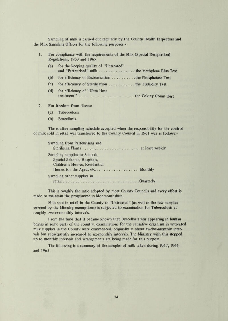 Sampling of milk is carried out regularly by the County Health Inspectors and the Milk Sampling Officer for the following purposes:- 1. For compliance with the requirements of the Milk (Special Designation) Regulations, 1963 and 1965 (a) for the keeping quality of “Untreated” and “Pasteurised” milk the Methylene Blue Test (b) for efficiency of Pasteurisation the Phosphatase Test (c) for efficiency of Sterilisation the Turbidity Test (d) for efficiency of “Ultra Heat treatment” the Colony Count Test 2. For freedom from disease (a) Tuberculosis (b) Brucellosis. The routine sampling schedule accepted when the responsibility for the control of milk sold in retail was transferred to the County Council in 1961 was as follows:- Sampling from Pasteurising and Sterilising Plants at least weekly Sampling supplies to Schools, Special Schools, Hospitals, Children’s Homes, Residential Homes for the Aged, etc Monthly Sampling other supplies in retail Quarterly This is roughly the ratio adopted by most County Councils and every effort is made to maintain the programme in Monmouthshire. Milk sold in retail in the County as “Untreated” (as well as the few supplies covered by the Ministry exemptions) is subjected to examination for Tuberculosis at roughly twelve-monthly intervals. From the time that it became known that Brucellosis was appearing in human beings in some parts of the country, examinations for the causative organism in untreated milk supplies in the County were commenced, originally at about twelve-monthly inter- vals but subsequently increased to six-monthly intervals. The Ministry wish this stepped up to monthly intervals and arrangements are being made for this purpose. The following is a summary of the samples of milk taken during 1967, 1966 and 1965.