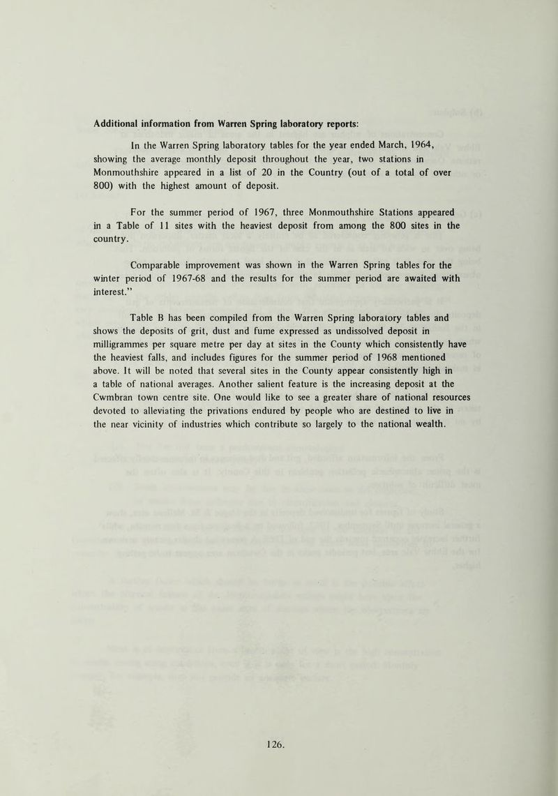 Additional information from Warren Spring laboratory reports: In the Warren Spring laboratory tables for the year ended March, 1964, showing the average monthly deposit throughout the year, two stations in Monmouthshire appeared in a list of 20 in the Country (out of a total of over 800) with the highest amount of deposit. For the summer period of 1967, three Monmouthshire Stations appeared in a Table of 11 sites with the heaviest deposit from among the 800 sites in the country. Comparable improvement was shown in the Warren Spring tables for the winter period of 1967-68 and the results for the summer period are awaited with interest.” Table B has been compiled from the Warren Spring laboratory tables and shows the deposits of grit, dust and fume expressed as undissolved deposit in milligrammes per square metre per day at sites in the County which consistently have the heaviest falls, and includes figures for the summer period of 1968 mentioned above. It will be noted that several sites in the County appear consistently high in a table of national averages. Another salient feature is the increasing deposit at the Cwmbran town centre site. One would like to see a greater share of national resources devoted to alleviating the privations endured by people who are destined to live in the near vicinity of industries which contribute so largely to the national wealth.