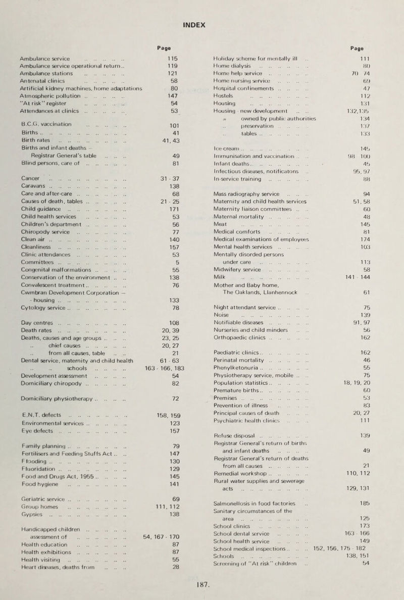 INDEX Page Ambulance service 115 Ambulance service operational return.. 119 Ambulance stations 121 Antenatal clinics 58 Artificial kidney machines, home adaptations 80 Atmospheric pollution 147 At risk register 54 Attendances at clinics 53 B.C.G. vaccination -jQ1 Births 41 Birthrates 41,43 Births and infant deaths Registrar General's table 49 Blind persons, care of 81 Cancer 31-37 Caravans 138 Care and after-care 68 Causes of death, tables 21 - 25 Child guidance 171 Child health services 53 Children's department 56 Chiropody service 77 Clean air 140 Cleanliness 157 Clinic attendances 53 Committees 5 Congenital malformations 55 Conservation of the environment .. .. 138 Convalescent treatment 76 Cwmbran Development Corporation — - housing 133 Cytology service 78 Day centres 108 Death rates 20, 39 Deaths, causes and age groups 23, 25 chief causes 20, 27 from all causes, table .. .. 21 Dental service, maternity and child health 61 - 63 schools 163-166,183 Development assessment 54 Domiciliary chiropody 82 Domiciliary physiotherapy 72 E.N.T. defects 158,159 Environmental services 123 Eye defects 157 Family planning 79 Fertilisers and Feeding Stuffs Act .. .. 147 Flooding 130 Fluoridation 129 Food and Drugs Act, 1955 145 Food hygiene 141 Geriatric service .. 69 Group homes 111,112 Gypsies 138 Handicapped children assessment of 54, 167- 170 Health education 87 Health exhibitions 87 Health visiting 55 Heart diseases, deaths from 28 Page Holiday scheme for mentally ill 111 Home dialysis 80 Home help service 70 74 Home nursing service 69 Hospital confinements 47 Hostels 112 Housing 131 Housing - new development .. .. 132,135 n- owned by public authorities 134 preservation 137 tables 133 Ice-cream . . 145 Immunisation and vaccination . 98 100 Infant deaths 45 Infectious diseases, notificatons 95,97 In-service training 88 Mass radiography service 94 Maternity and child health services 51,58 Maternity liaison committees .. .. 60 Maternal mortality 48 Meat 145 Medical comforts 81 Medical examinations of employees 1 74 Mental health services 103 Mentally disorded persons under care 113 Midwifery service 58 Milk 141 144 Mother and Baby home, The Oaklands, Llanhennock 61 Night attendant service 75 Noise 139 Notifiable diseases 91,97 Nurseries and child minders .. 56 Orthopaedic clinics 162 Paediatric clinics 162 Perinatal mortality 46 Phenylketonuria 55 Physiotherapy service, mobile .. 75 Population statistics 18, 19, 20 Premature births 60 Premises 53 Prevention of illness 83 Principal causes of death 20,27 Psychiatric health clinics Ill Refuse disposal .. .. 139 Registrar General's return of births and infant deaths 49 Registrar General's return of deaths from all causes 21 Remedial workshop 110. 112 Rural water supplies and sewerage acts 129, 131 Salmonellosis in food factories 185 Sanitary circumstances of the area 125 School clinics 173 School dental service 163 166 School health service 149 School medical inspections 152, 156, 175 182 Softools 138, 151 Screening of At risk children 54