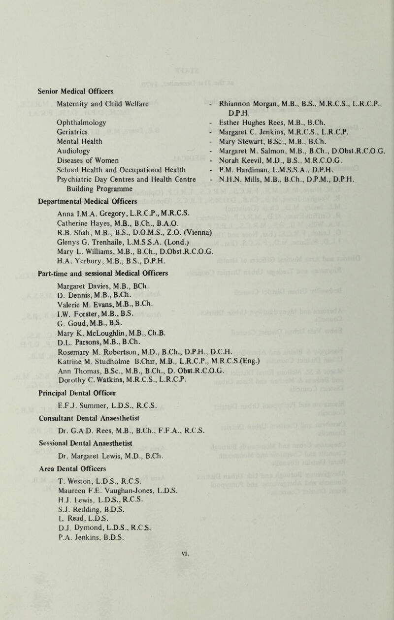 Maternity and Child Welfare Ophthalmology Geriatrics Mental Health Audiology Diseases of Women School Health and Occupational Health Psychiatric Day Centres and Health Centre Building Programme Departmental Medical Officers Anna I.M.A. Gregory, L.R.C.P., M.R.C.S. Catherine Hayes, M.B., B.Ch., B.A.O. R. B. Shah, M.B., B.S., D.O.M.S., Z.O. (Vie Glenys G. Trenhaile, L.M.S.S.A. (Lond.j Mary L. Williams, M.B., B.Ch., D.Obst.R.C H.A. Yerbury, M.B., B.S., DJ>.H. Part-time and sessional Medical Officers Margaret Davies, M.B., BCh. D. Dennis, M.B., B.Ch. Valerie M. Evans, M.B., B.Ch. l.W. Forster,M.B., B.S. G. Goud, M.B., B.S. Mary K. McLoughlin, M.B., Ch.B. D. L. Parsons, M.B., B.Ch. Rosemary M. Robertson, M.D., B.Ch., D.P.H., D.C.H. Katrine M. Studholme B.Chir, M.B., L.R.C.P., M.R.C.S.(Eng.) Ann Thomas, B.Sc., M.B., B.Ch., D. Obst.R.C.O.G. Dorothy C. Watkins, M.R.C.S., L.R.C J>. Principal Dental Officer E. F.J. Summer, L.D.S., R.C.S. Consultant Dental Anaesthetist Dr. G.A.D. Rees, M.B., B.Ch., F.F.A., R.C.S. Sessional Dental Anaesthetist Dr. Margaret Lewis, M.D., B.Ch. Area Dental Officers T. Weston, L.D.S., R.C.S. Maureen F.E. Vaughan-Jones, L.D.S. H. J. Uwis, L.D.S.,R.C.S. S. J. Redding, B.D.S. L Read, L.D.S. D.J. Dymond, L.D.S., R.C.S. P.A. Jenkins, B.D.S. - Rhiannon Morgan, M.B., B.S., M.R.C.S., L.R.C.P., DP.H. - Esther Hughes Rees, M.B., B.Ch. - Margaret C. Jenkins, M.R.C.S., L.R.CP. - Mary Stewart, B.Sc., M.B., B.Ch. - Margaret M. Salmon, M.B., B.Ch., D.Obst.R.C.O.G. - Norah Keevil, M.D., B.S., M.R.C.O.G. - P.M. Hardiman, L.M.S.S.A., D.P.H. - N.H.N. Mills, M.B., B.Ch., D.P.M., D.P.H. ;nna) ;.o.G.