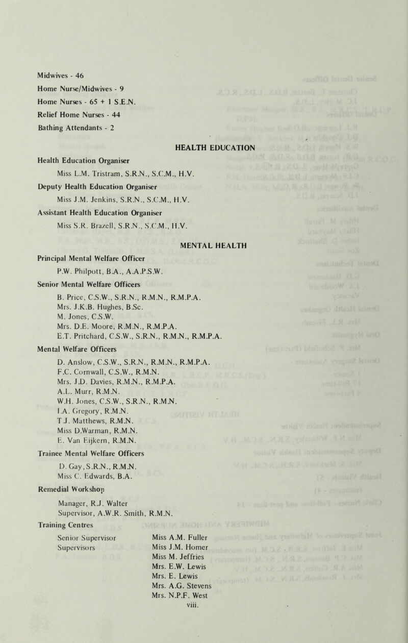 Midwives - 46 Home Nurse/Midwives - 9 Home Nurses -65+1 S.E.N. Relief Home Nurses - 44 Bathing Attendants - 2 HEALTH EDUCATION Health Education Organiser Miss L.M. Tristram, S.R.N., S.C.M., H.V. Deputy Health Education Organiser Miss J.M. Jenkins, S.R.N., S.C.M., H.V. Assistant Health Education Organiser Miss S.R. Bra/cll, S.R.N., S.C.M., ll.V. MENTAL HEALTH Principal Mental Welfare Officer P.W. Philpott, B.A., A.A.P.S.W. Senior Mental Welfare Officers B. Price, C.S.W., S.R.N., R.M.N., R.M.P.A. Mrs. J.K.B. Hughes, B.Sc. M. Jones, C.S.W. Mrs. D.E. Moore, R.M.N., R.M.P.A. E. T. Pritchard, C.S.W., S.R.N., R.M.N., R.M.P.A. Mental Welfare Officers D. Anslow, C.S.W., S.R.N., R.M.N., R.M.P.A. F. C. Cornwall, C.S.W., R.M.N. Mrs. J.D. Davies, R.M.N., R.M.P.A. A.L. Murr, R.M.N. W.H. Jones, C.S.W., S.R.N., R.M.N. I .A. firegory, R.M.N. T.J. Matthews, R.M.N. Miss D.Warman, R.M.N. E. Van Eijkern, R.M.N. Trainee Mental Welfare Officers D.Gay,S.R.N.,R.M.N. Miss C. Edwards, B.A. Remedial Workshop Manager, R.J. Walter Supervisor, A.W.R. Smith, Training Centres Senior Supervisor Supervisors R.M.N. Miss A.M. Fuller Miss J.M. Homer Miss M. Jeffries Mrs. E.W. Lewis Mrs. E. Lewis Mrs. A.G. Stevens Mrs. N.P.F. West