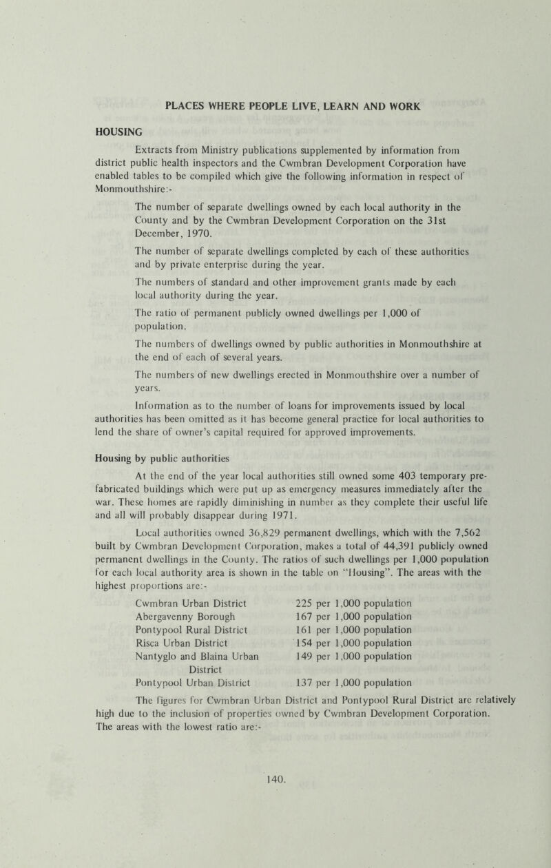 PLACES WHERE PEOPLE LIVE, LEARN AND WORK HOUSING Extracts from Ministry publications supplemented by information from district public health inspectors and the Cwmbran Development Corporation have enabled tables to be compiled which give the following information in respect ol Monmouthshire The number of separate dwellings owned by each local authority in the County and by the Cwmbran Development Corporation on the 31st December, 1970. The number of separate dwellings completed by each of these authorities and by private enterprise during the year. The numbers of standard and other improvement grants made by each local authority during the year. The ratio of permanent publicly owned dwellings per 1,000 of population. The numbers of dwellings owned by public authorities in Monmouthshire at the end of each of several years. The numbers of new dwellings erected in Monmouthshire over a number of years. Information as to the number of loans for improvements issued by local authorities has been omitted as it has become general practice for local authorities to lend the share of owner’s capital required for approved improvements. Housing by public authorities At the end of the year local authorities still owned some 403 temporary pre- fabricated buildings which were put up as emergency measures immediately after the war. These homes are rapidly diminishing in number as they complete their useful life and all will probably disappear during 1971. Local authorities owned 36,829 permanent dwellings, which with the 7,562 built by Cwmbran Development (Corporation, makes a total of 44,391 publicly owned permanent dwellings in the County. The ratios of such dwellings per 1,000 population for each local authority area is shown in the table on “Housing”. The areas with the highest proportions are;- 225 per 1,000 population 167 per 1,000 population 161 per 1,000 population 154 per 1,000 population 149 per 1,000 population Cwmbran Urban District Abergavenny Borough Pontypool Rural District Risca Urban District Nantyglo and Blaina Urban District Pontypool Urban District 137 per 1,000 population The figures for Cwmbran Urban District and Pontypool Rural District arc relatively high due to the inclusion of properties owned by Cwmbran Development Corporation. The areas with the lowest ratio are:-