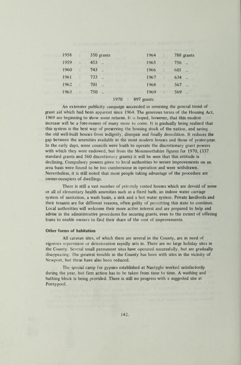 1958 : 350 grants 1964 : 788 1959 : 453 .. 1965 ; 756 1960 : 743 .. 1966 : 601 1961 : 733 .. 1967 : 634 1962 ; 701 .. 1968 : 567 1963 : 750 .. 1969 : 569 1970 : 897 grants An extensive publicity campaign succeeded in reversing the general trend of grant aid which had been apparent since 1964. The generous terms of the Housing Act, 1969 are beginning to show some returns. It is hoped, however, that this modest increase will be a fore-runner of many more to come. It is gradually being realised that this system is the best way of preserving the housing stock of the nation, and saving the old well-built houses from indignity, disrepair and finally demolition. It reduces the gap between the amenities available in the most modern houses and those of yester-year. In the early days, some councils were loath to operate the discretionary grant powers with which they were endowed, but from the Monmouthshire figures for 1970, (337 standard grants and 560 discretionary grants) it will be seen that this attitude is declining. Compulsory powers given to local authorities to secure improvements on an area basis were found to be too cumbersome in operation and were withdrawn. Nevertheless, it is still noted that most people taking advantage of the procedure are owner-occupiers of dwellings. There is still a vast number of privately rented houses which are devoid of some or all of elementary health amenities such as a fixed bath, an indoor water carriage system of sanitation, a wash basin, a sink and a hot water system. Private landlords and their tenants are for different reasons, often guilty of permitting this state to continue. Local authorities will welcome their more active interest and are prepared to help and advise in the administrative procedures for securing grants, even to the extent of offering loans to enable owners to find their share of the cost of improvements. Other forms of habitation All caravan sites, of which there are several in the County, are in need of vigorous .supervision or deterioration rapidly sets in. There are no large holiday sites in the County. Several small permanent sites have operated successfully, but arc gradually disappearing. The greatest trouble in the County has been with sites in the vicinity of Newport, but these have also been reduced. The special camp for gypsies established at Nantyglo worked satisfactorily during the year, but firm action has to be taken from time to time. A washing and bathing block is being provided. There is still no progress with a suggested site at Pontypool.