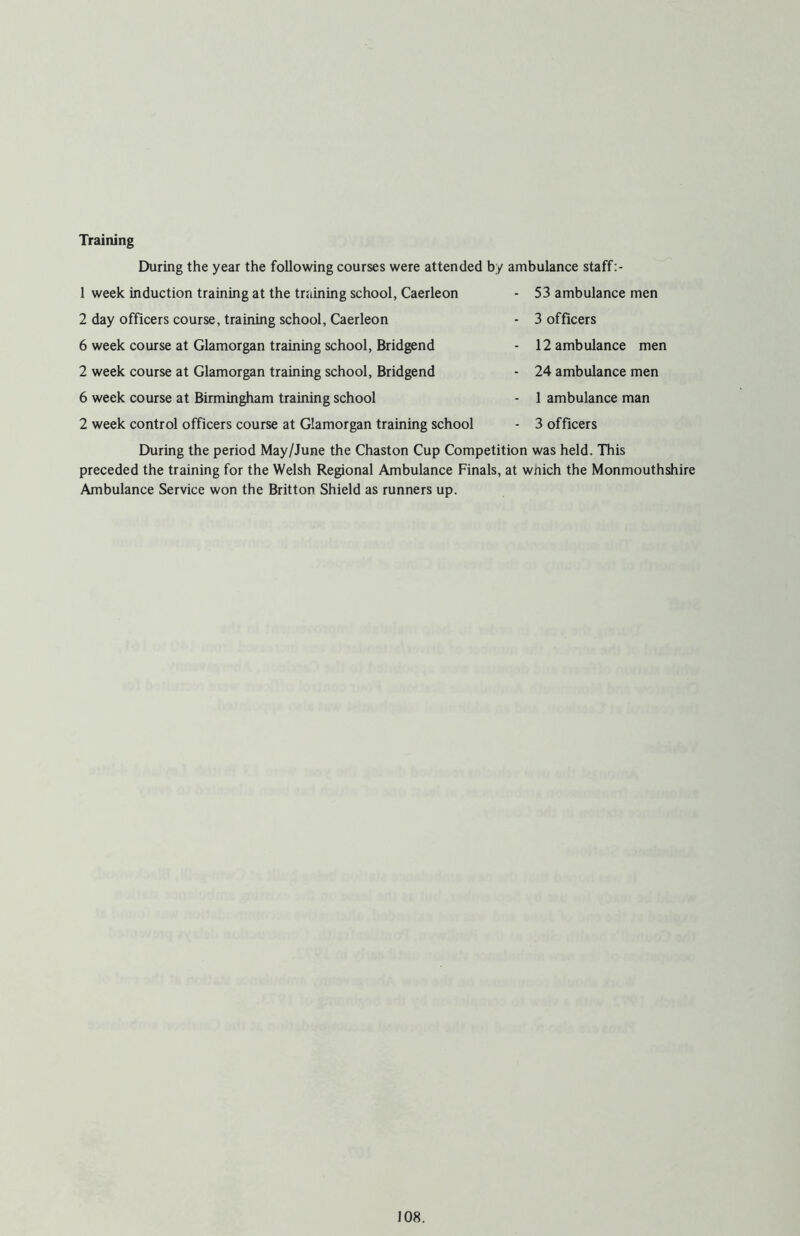 Training During the year the following courses were attended by ambulance staff 1 week induction training at the training school, Caerleon - 53 ambulance men 2 day officers course, training school, Caerleon - 3 officers 6 week course at Glamorgan training school, Bridgend - 12 ambulance men 2 week course at Glamorgan training school, Bridgend - 24 ambulance men 6 week course at Birmingham training school - 1 ambulance man 2 week control officers course at Glamorgan training school - 3 officers During the period May/June the Chaston Cup Competition was held. This preceded the training for the Welsh Regional Ambulance Finals, at which the Monmouthshire Ambulance Service won the Britton Shield as runners up.