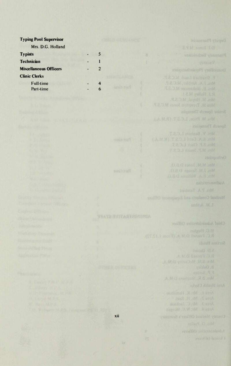 Typing Pool Supervisor Mrs. D.G. Holland Typists - 5 Technician 1 Miscellaneous Officers 2 Clinic Clerks Full-time - 4 Part-time - 6