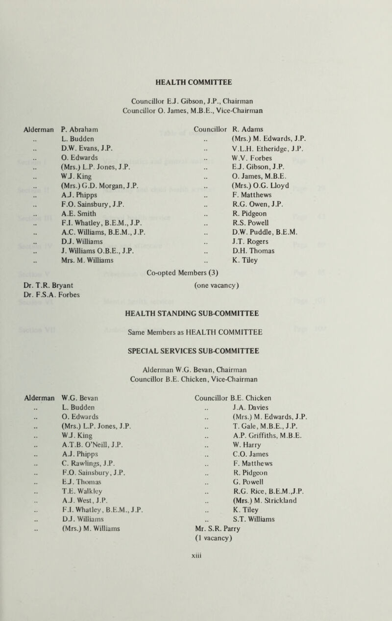 HEALTH COMMITTEE Councillor E.J. Gibson, J.P., Chairman Councillor O. James, Vice-Chairman Alderman P. Abraham L. Budden D.W. Evans, J.P. 0. Edwards (Mrs.) L.P. Jones, J.P. W.J. King (Mrs.) G.D. Morgan, J.P. A.J. Phipps F.O. Sainsbury, J.P. A.E. Smith F.I. Whatley, B.E.M.,J.P. A.C. Williams, B.E.M., J.P. D.J. Williams J. Williams O.B.E., J.P. Mrs. M. Williams Dr. T.R. Bryant Dr. F.S.A. Forbes Councillor R. Adams (Mrs.) M. Edwards, J.P. V. L.H. Etheridge, J.P. W. V. Forbes E. J. Gibson, J.P. 0. James, M.B.E. (Mrs.) O.G. Lloyd F. Matthews R.G. Owen, J.P. R. Pidgeon R.S. Powell D.W. Puddle, B.E.M. J. T. Rogers D.H. Thomas K. Tiley Co-opted Members (3) (one vacancy) HEALTH STANDING SUB-COMMITTEE Same Members as HEALTH COMMITTEE SPECIAL SERVICES SUB-COMMITTEE Alderman W.G. Bevan, Chairman Councillor B.E. Chicken, Vice-Chairman Alderman W.G. Bevan Councillor B.E. Chicken L. Budden J.A. Davies 0. Edwards (Mrs.) M. Edwards, J.i (Mrs.) L.P. Jones, J.P. T. Gale, M.B.E., J.P. W.J. King A.P. Griffiths, M.B.E. A.T.B. O’Neill, J.P. W. Harry A.J. Phipps C.O. James C. Rawlings, J.P. F. Matthews F.O. Sainsbury, J.P. R. Pidgeon EJ. Thomas G. Powell T.E. Walkley R.G. Rice, B.E.M.,J.P A.J. West, J.P. (Mrs.) M. Strickland F.I. Whatley, B.E.M.,J.P. K. Tiley DJ. Williams S.T. Williams (Mrs.) M. Williams Mr. S.R. Parry (1 vacancy)