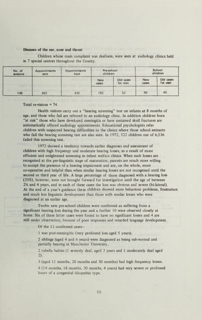 Diseases of the ear, nose and throat Children whose main complaint was deafness, were seen at audiology clinics held in 7 special centres throughout the County. No. of sessions Appointments sent Appointments kept Pre-school children School children New Old cases New Old cases cases 1st visit cases 1st visit 106 691 439 182 52 86 45 Total re-visions = 74 Health visitors carry out a “hearing screening” test on infants at 8 months of age, and those who fail are referred to an audiology clinic. In addition children born “at risk” those who have developed meningitis or have sustained skull fractures are automatically offered audiology appointments. Educational psychologists refer children with suspected hearing difficulties to the clinics where those school entrants who fail the hearing screening test are also seen. In 1972, 522 children out of 6,536 failed this screening test. 1972 showed a tendency towards earlier diagnoses and assessment of children with high frequency and moderate hearing losses, as a result of more efficient and enlightened screening in infant welfare clinics. When such losses are recognised at the pre-linguistic stage of maturation, parents are much more willing to accept the presence of a hearing impairment and are, on the whole, more co-operative and helpful than when similar hearing losses are not recognised until the second or third year of life. A large percentage of those diagnosed with a hearing loss (33%), however, were not brought forward for investigation until the age of between 214 and 4 years, and in each of these cases the loss was obvious and severe (bi-lateral). At the end of a year’s guidance these children showed more behaviour problems, frustration and much less linguistic development than those with similar losses who were diagnosed at an earlier age. Twelve new pre-school children were confirmed as suffering from a significant hearing loss during the year and a further 10 were observed closely at home. Six of these latter cases were found to have no significant losses and 4 are still under observation, because of poor responses and retarded language development. Of the 12 confirmed cases:- 1 was post-meningitic (very profound loss aged 5 years). 2 siblings (aged 4 and 6 years) were diagnosed as being sub-normal and partially hearing at Manchester University, 2 rubella babies (1 severely deaf, aged 3 years and 1 moderately deaf aged 2). 3 (aged 11 months, 20 months and 30 months) had high frequency losses. 4(14 months, 18 months, 30 months, 4 years) had very severe or profound losses of a congenital idiopathic type.